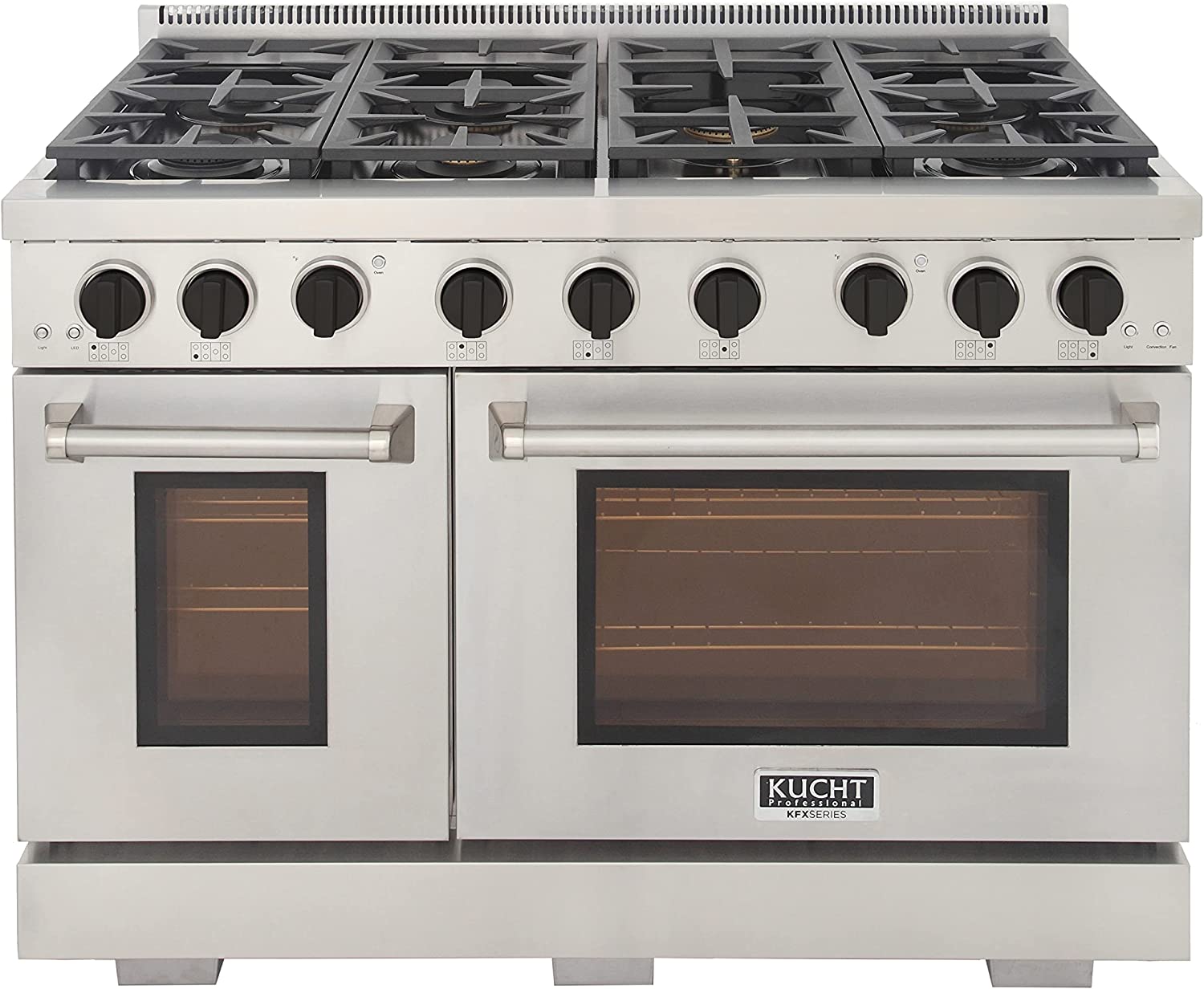 Stainless steel 48-inch propane gas range with black knobs and two glass oven doors