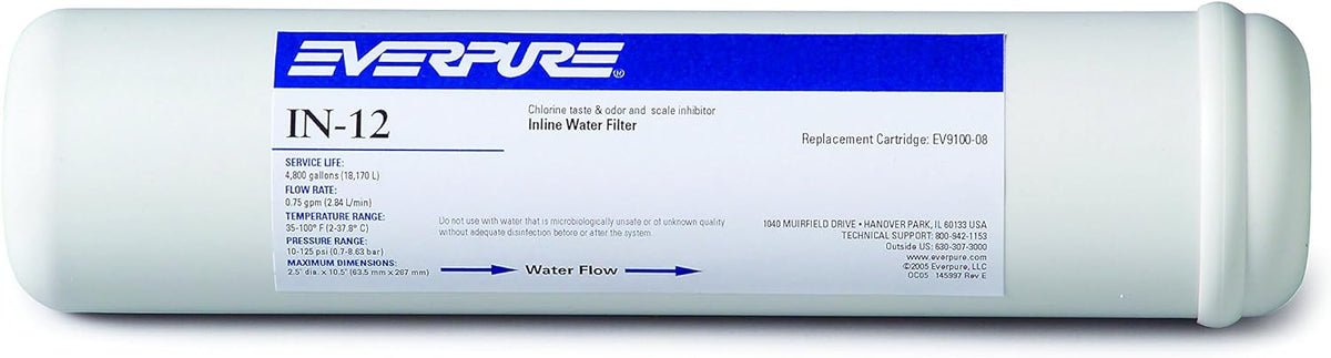 Everpure IN-12 in-line water filter cartridge, no fittings, white cylindrical housing
