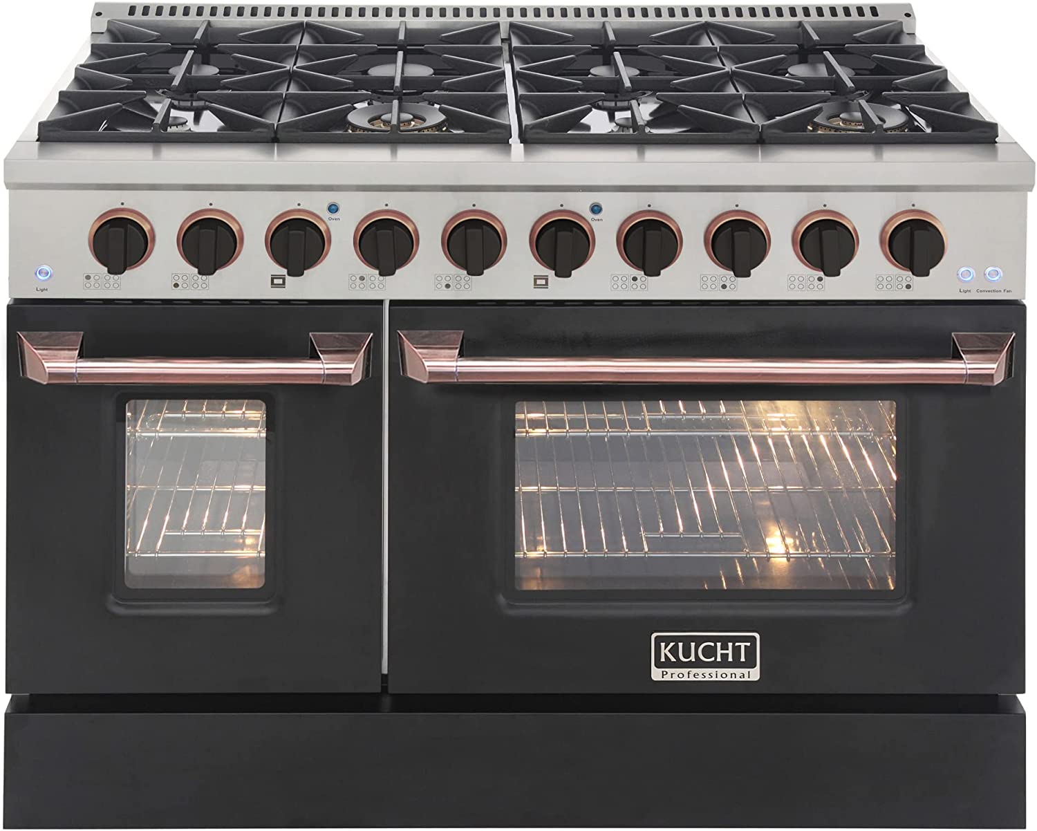Kucht 48-inch propane gas range with black doors and rose gold control accents.