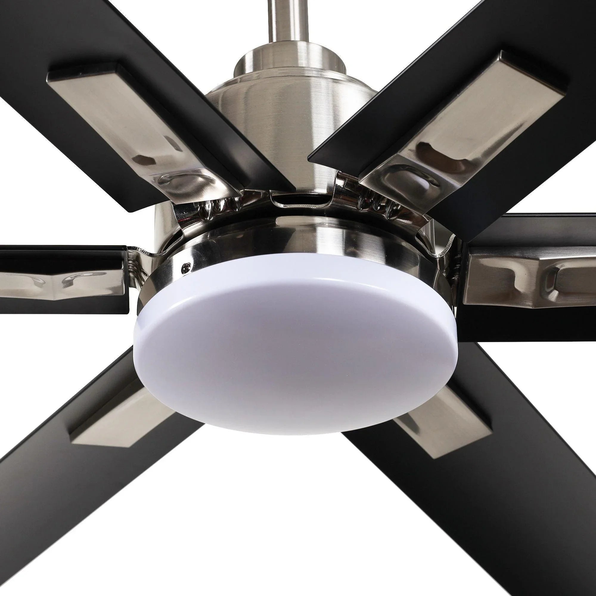 Black ceiling fan canopy with brushed metal motor and frosted dome light cover