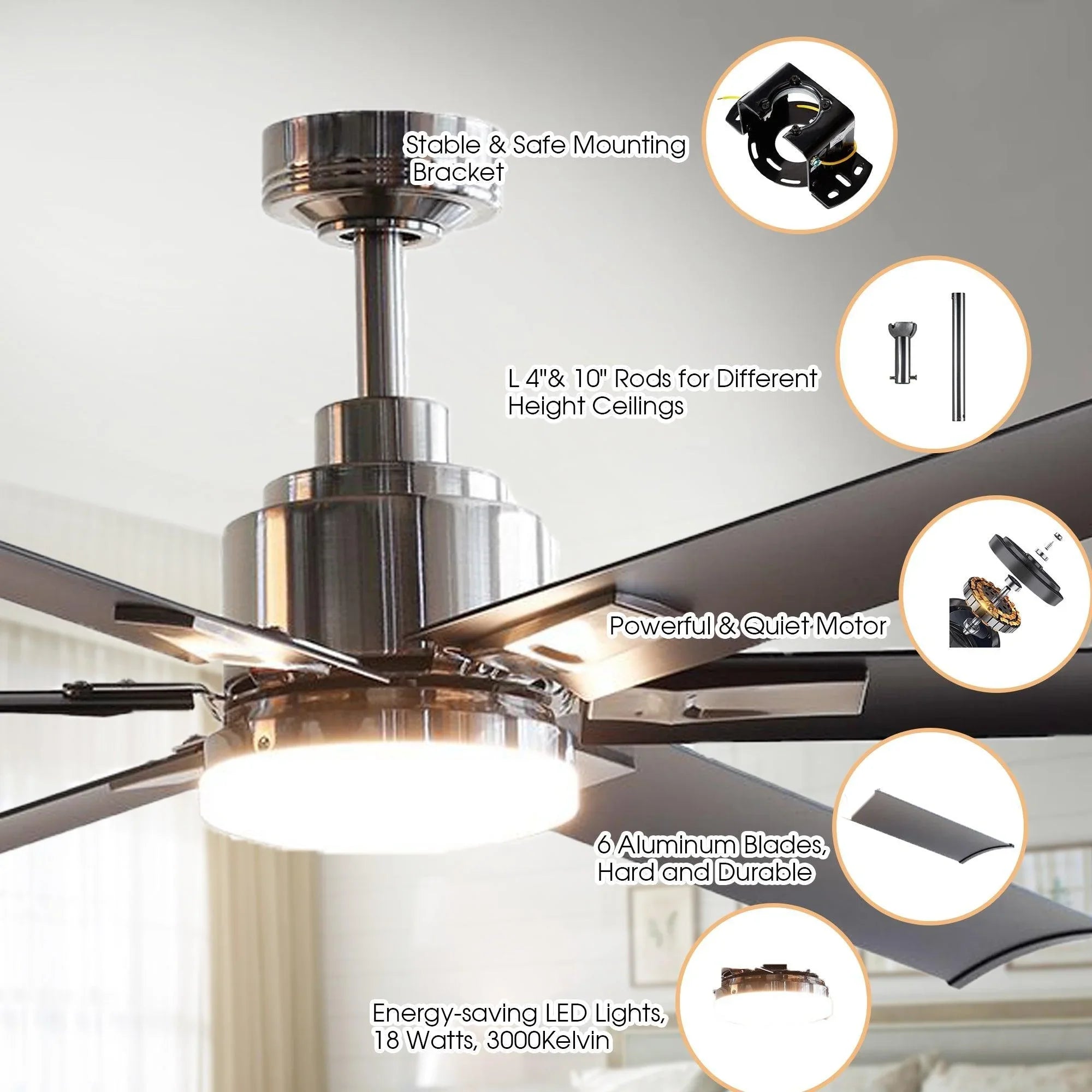 Chrome ceiling fan with six aluminum blades and integrated LED light module