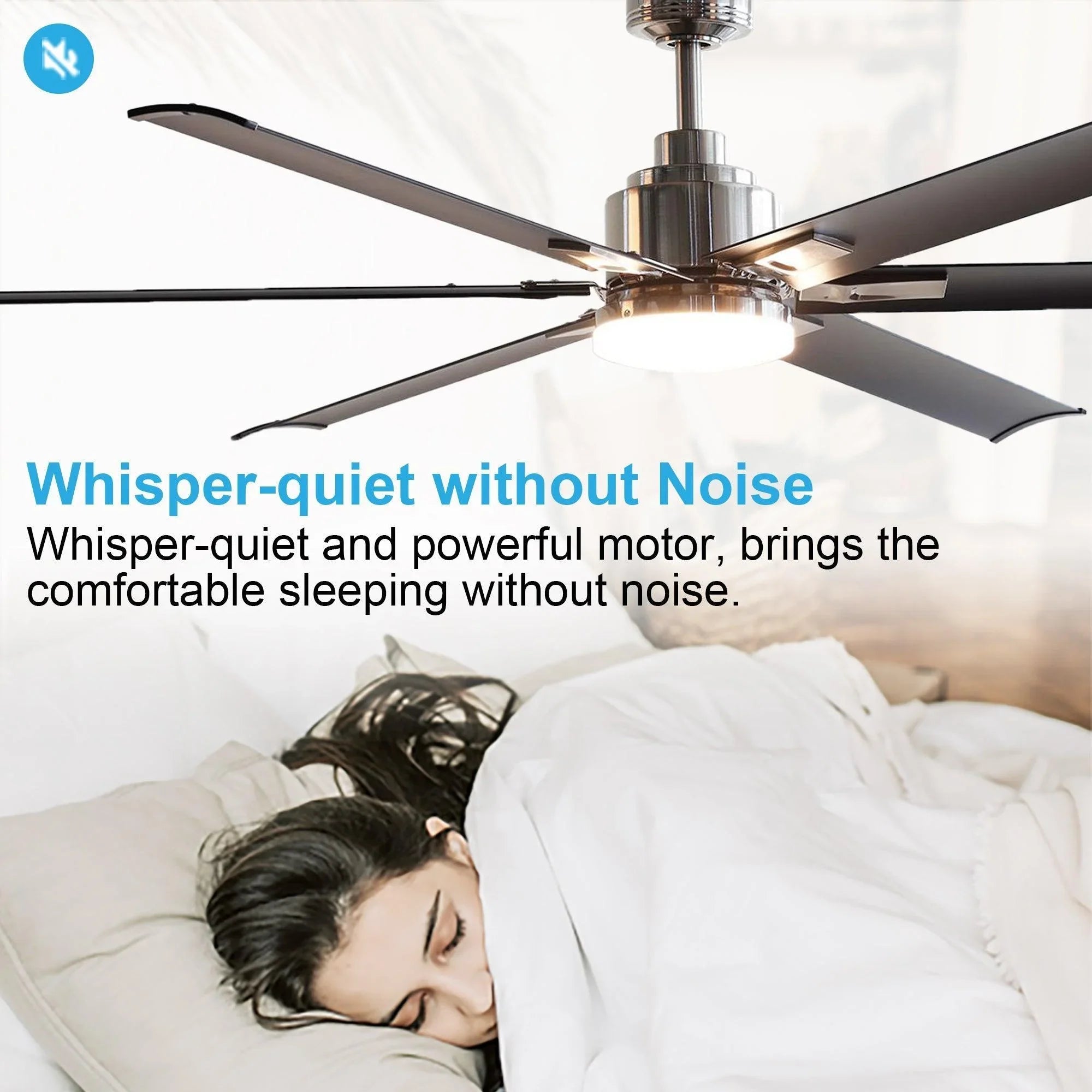 Ceiling fan with six black blades, chrome canopy, and frosted round light fixture