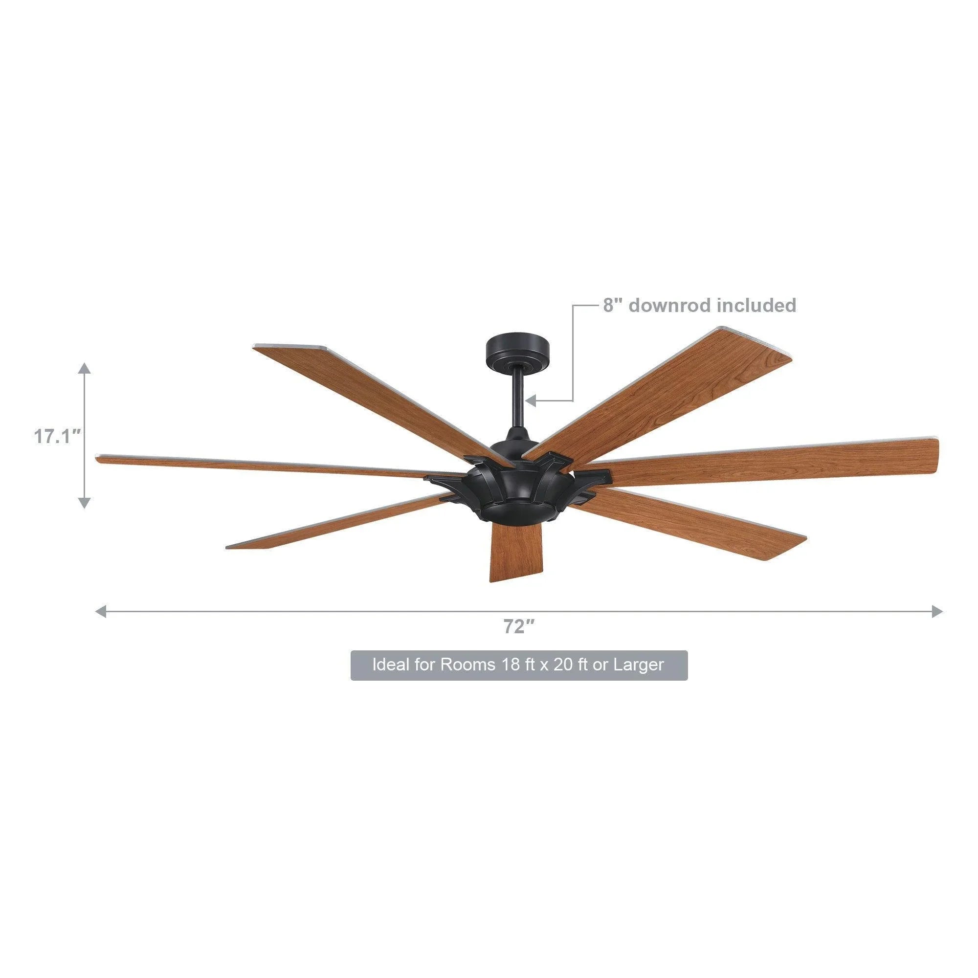 Black ceiling fan with five blades and included 8-inch downrod