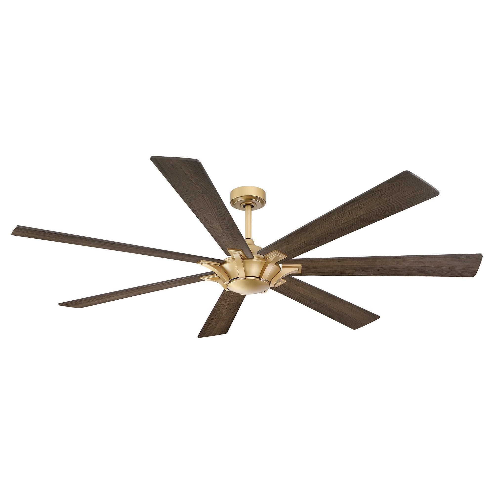 Golden ceiling fan with five wood blades on a white ceiling