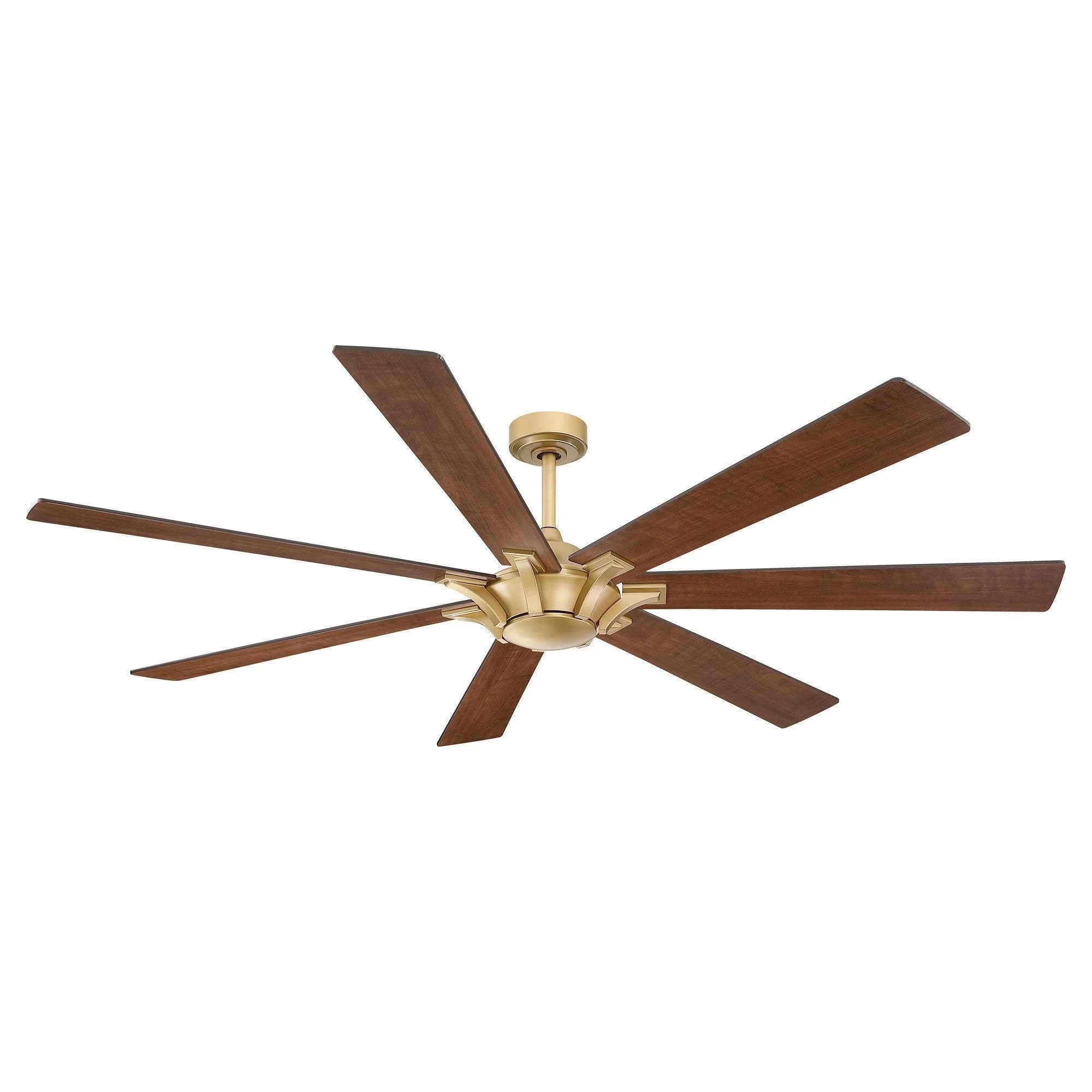 Golden ceiling fan with five wood blades and central light-ready housing