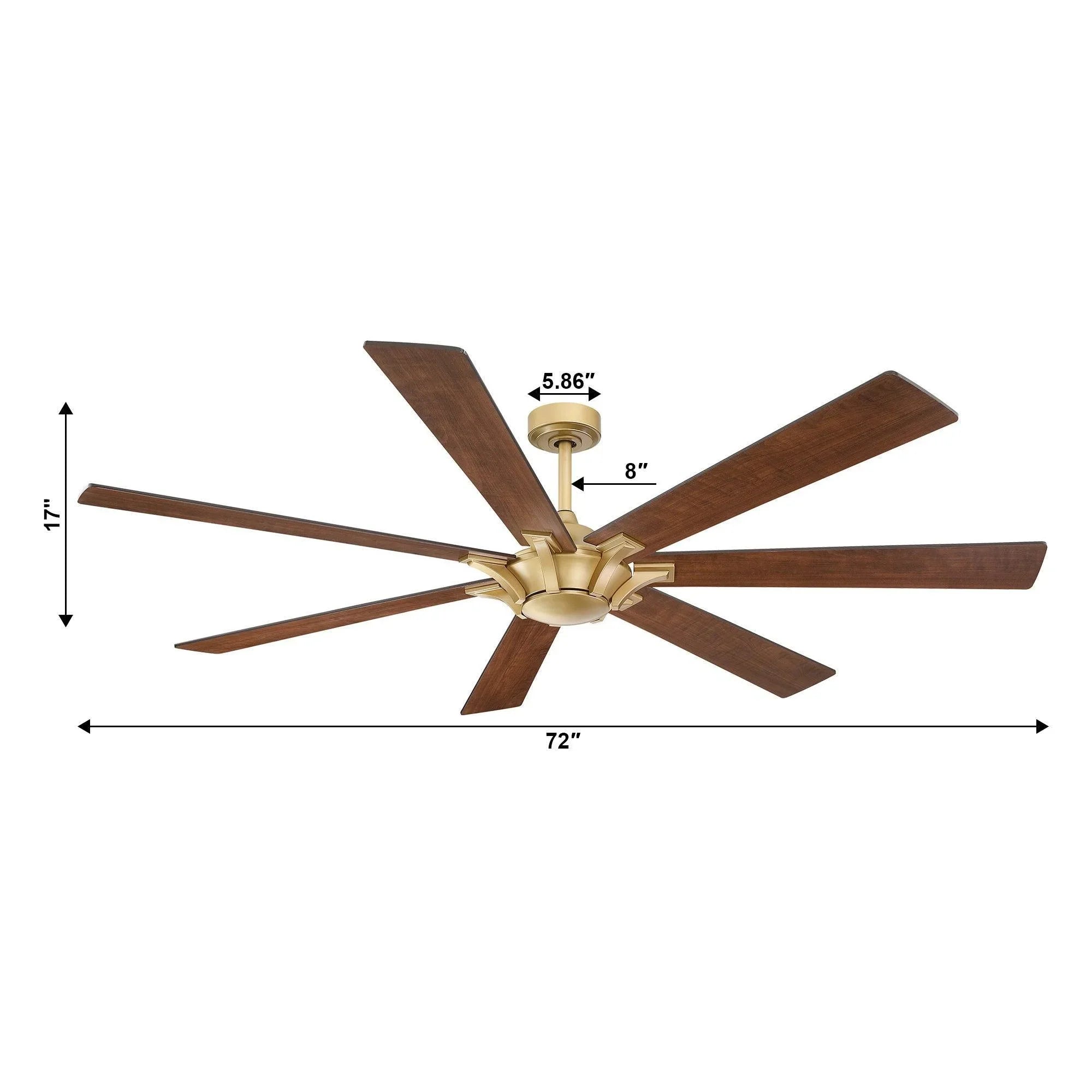 Golden farmhouse ceiling fan with brown wood five blades, 72-inch span