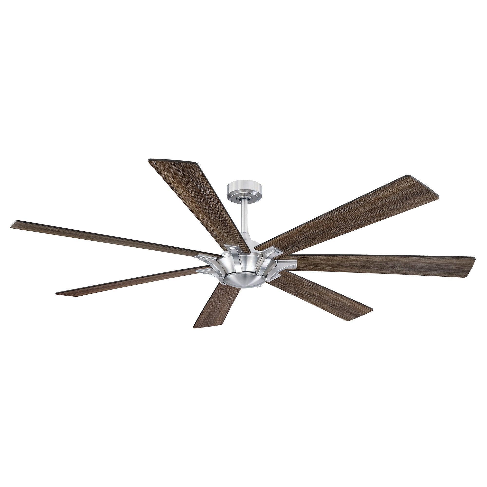 Brushed nickel farmhouse ceiling fan with medium brown wood five blades