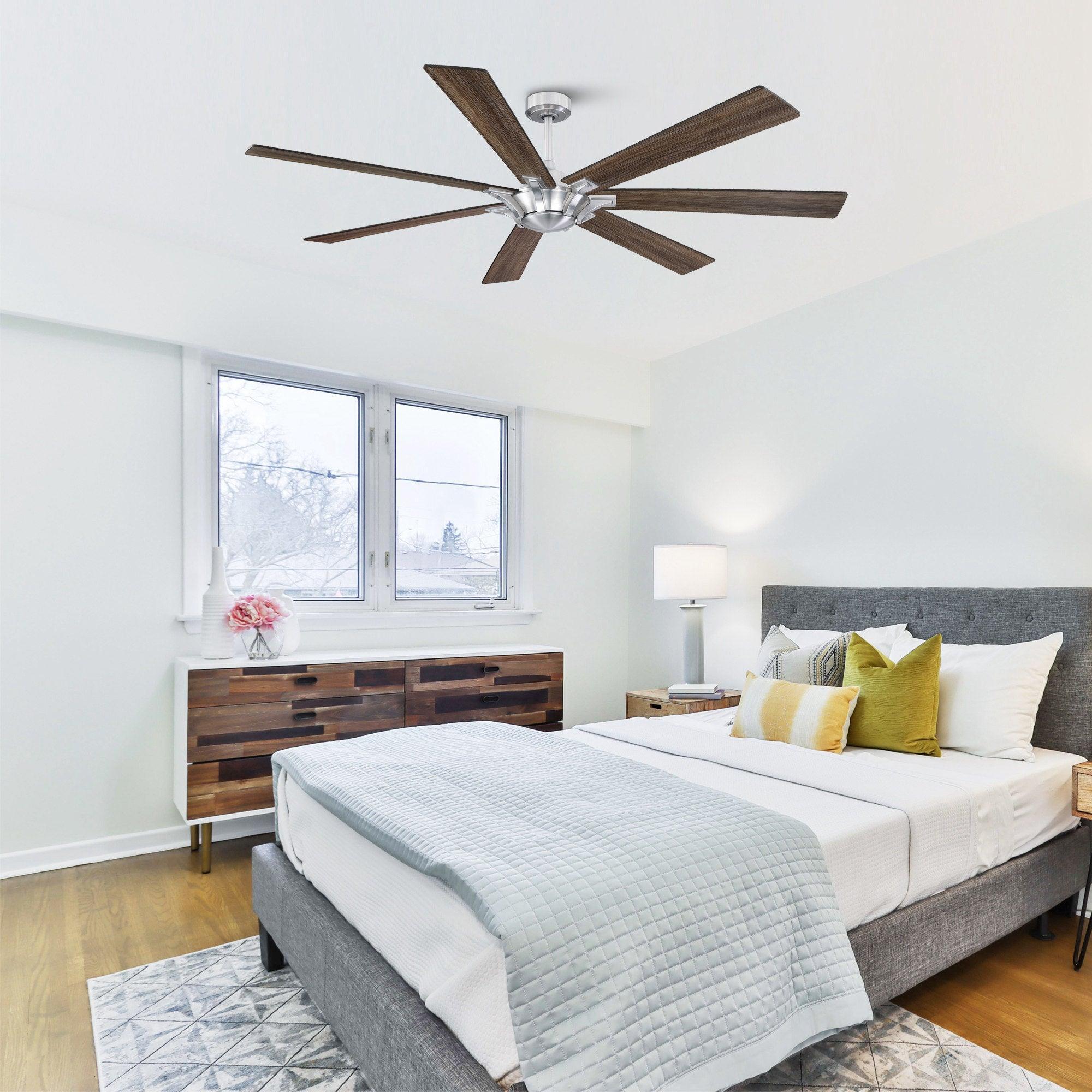 Farmhouse ceiling fan with brushed nickel motor and dark wood five-blade design