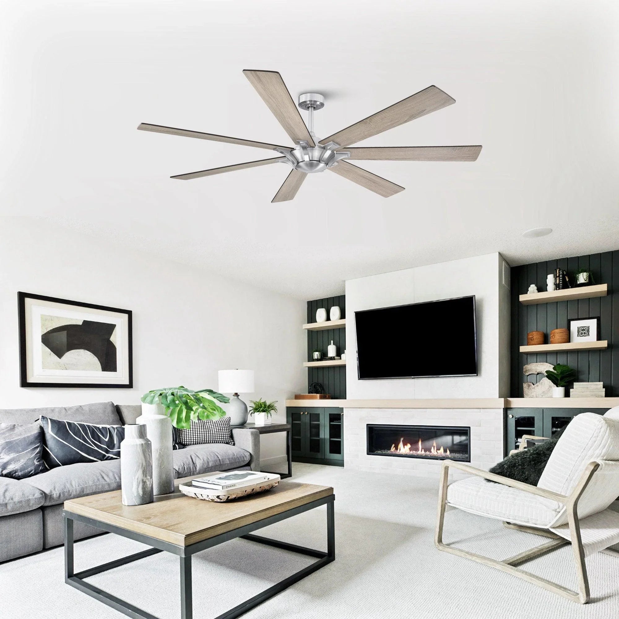 Farmhouse ceiling fan with brushed nickel motor and medium wood five-blade design
