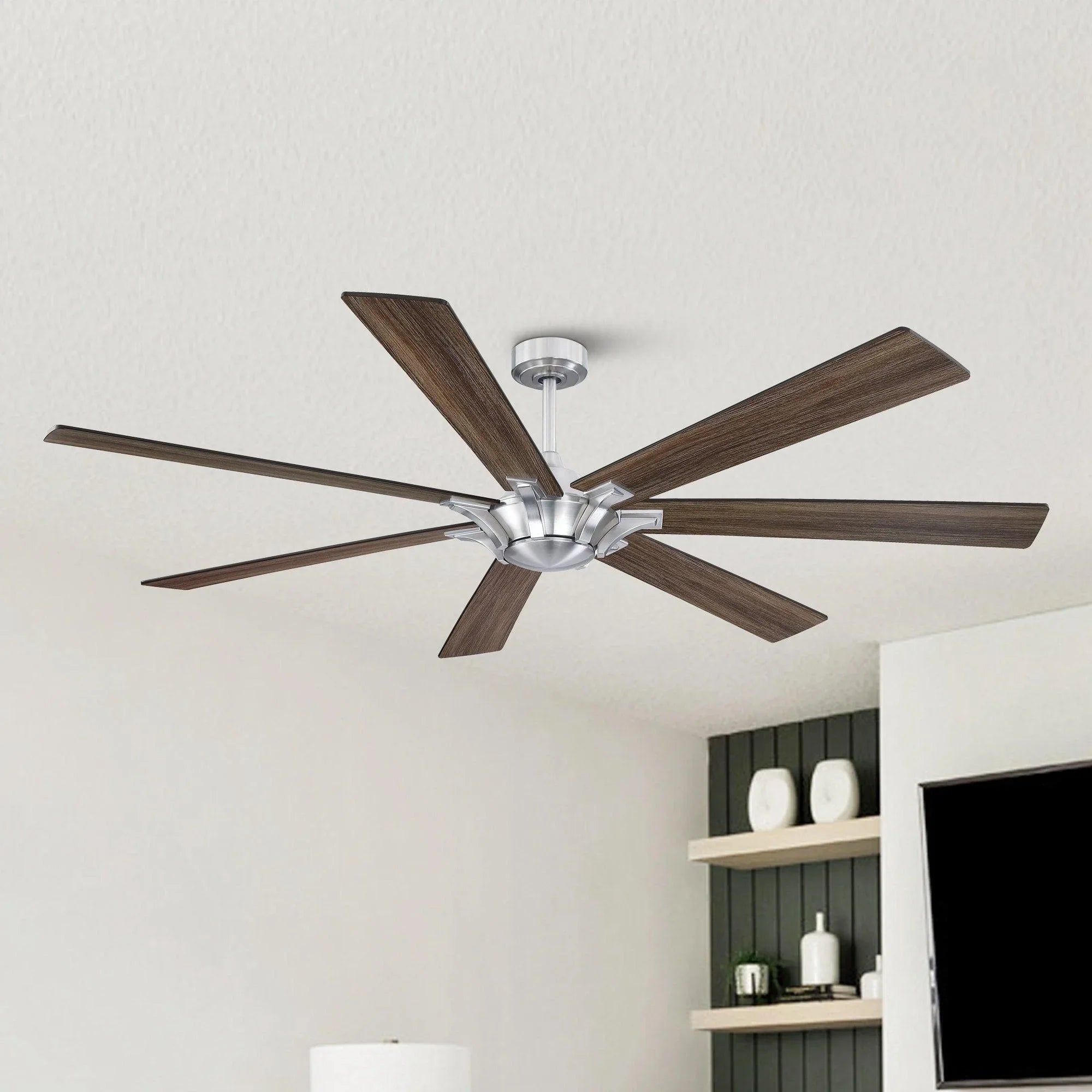 Farmhouse ceiling fan with brushed nickel motor and dark wood five-blade design
