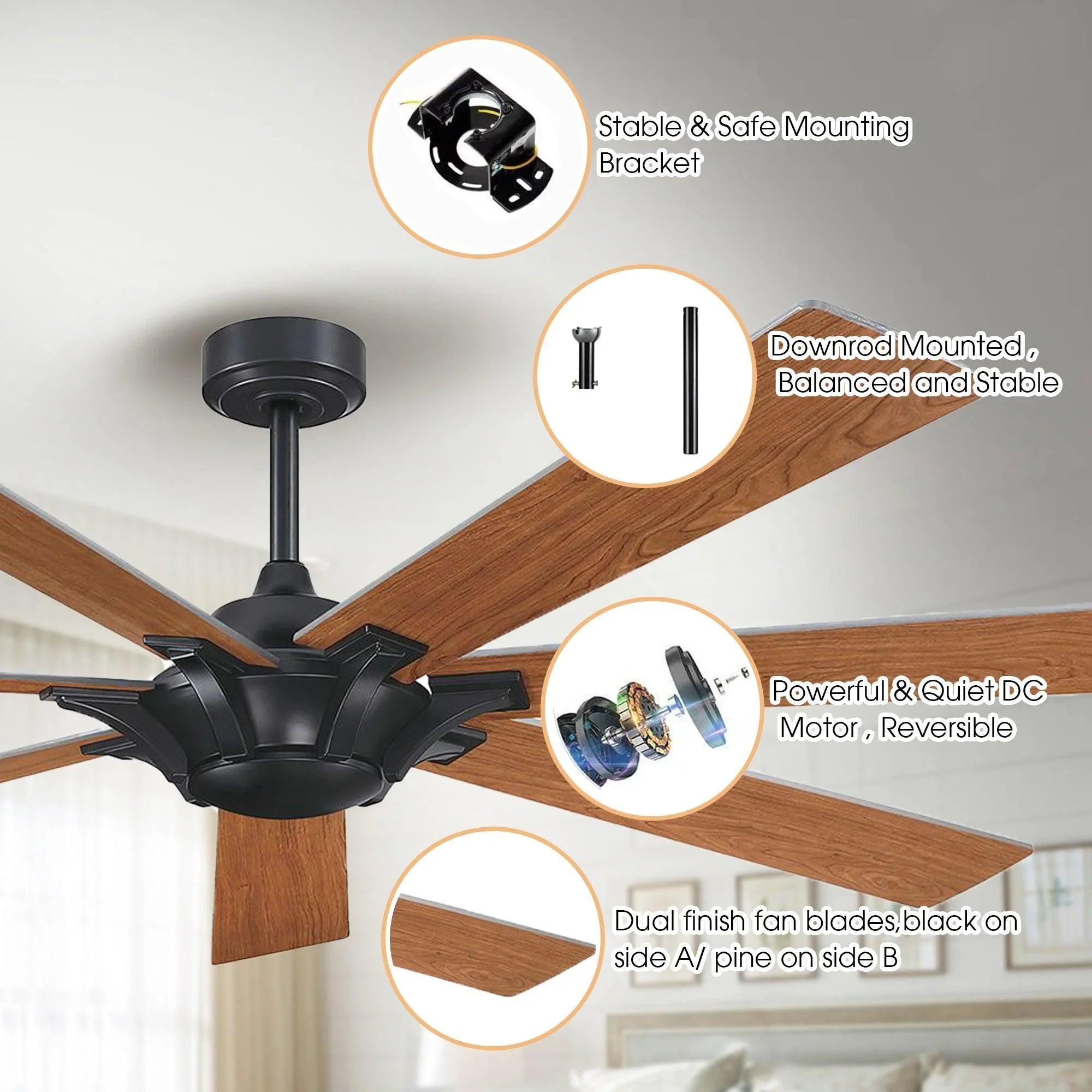 Ceiling fan with dual-finish blades: wood tone and black on the other side