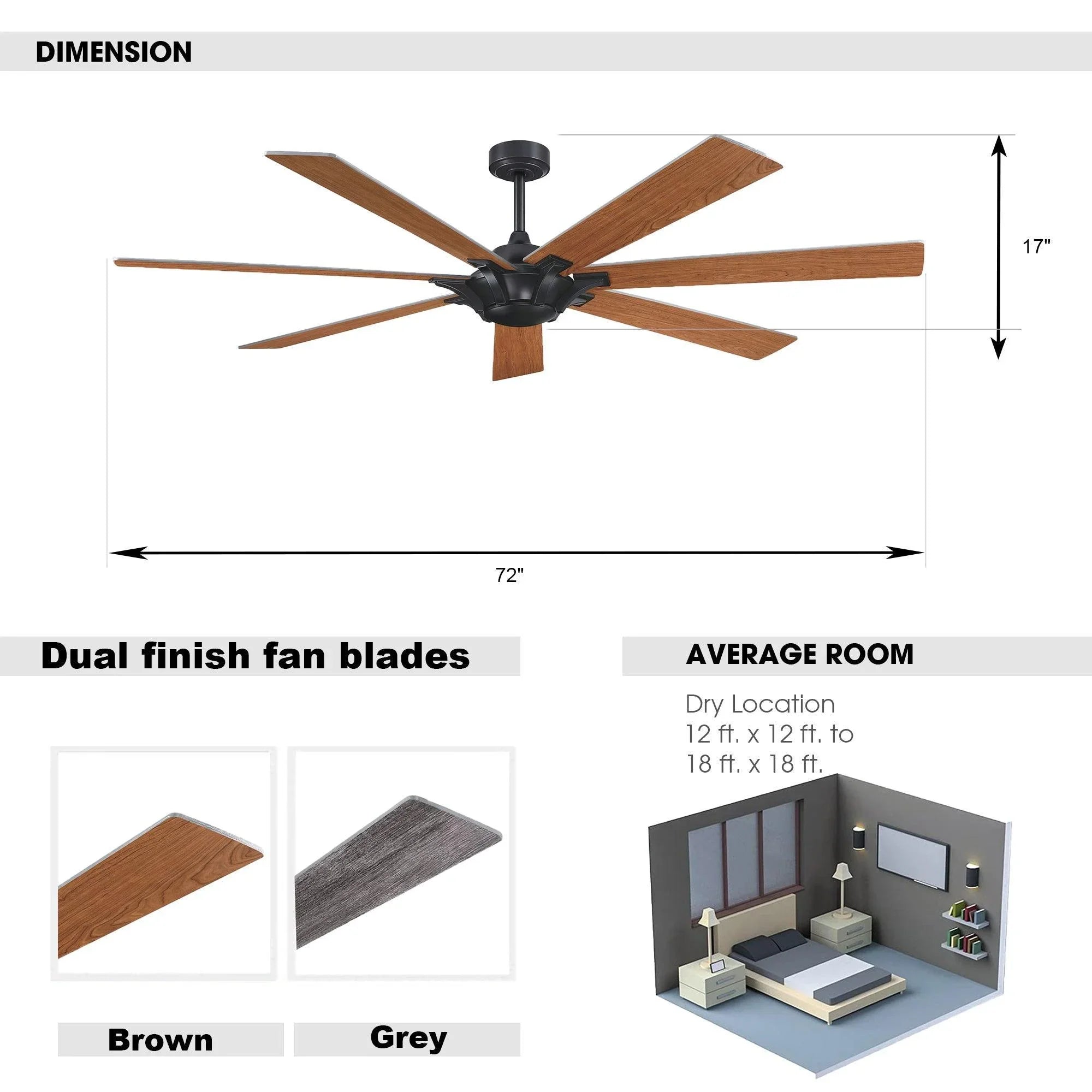 72-inch black ceiling fan with five blades and downrod mount
