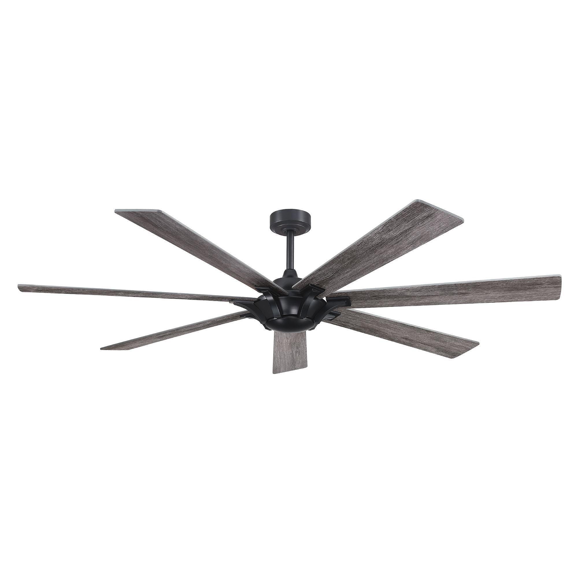 Black ceiling fan with gray wood-finish blades and dark motor canopy