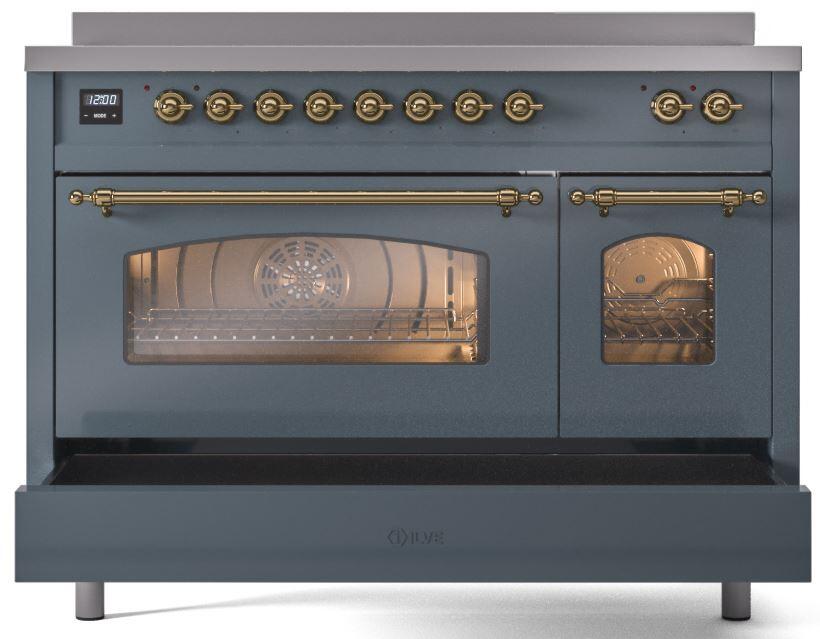 Blue-grey induction range with glass oven door showing interior racks and warming compartment
