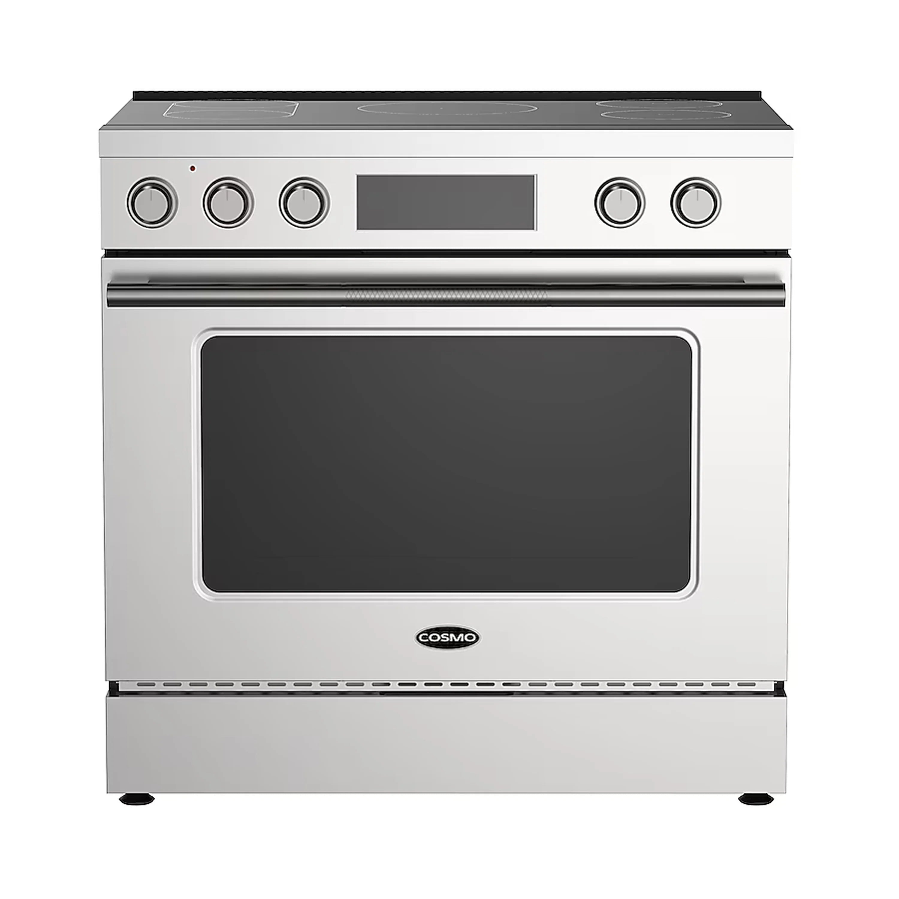 Stainless steel slide-in electric range with glass oven door and control knobs