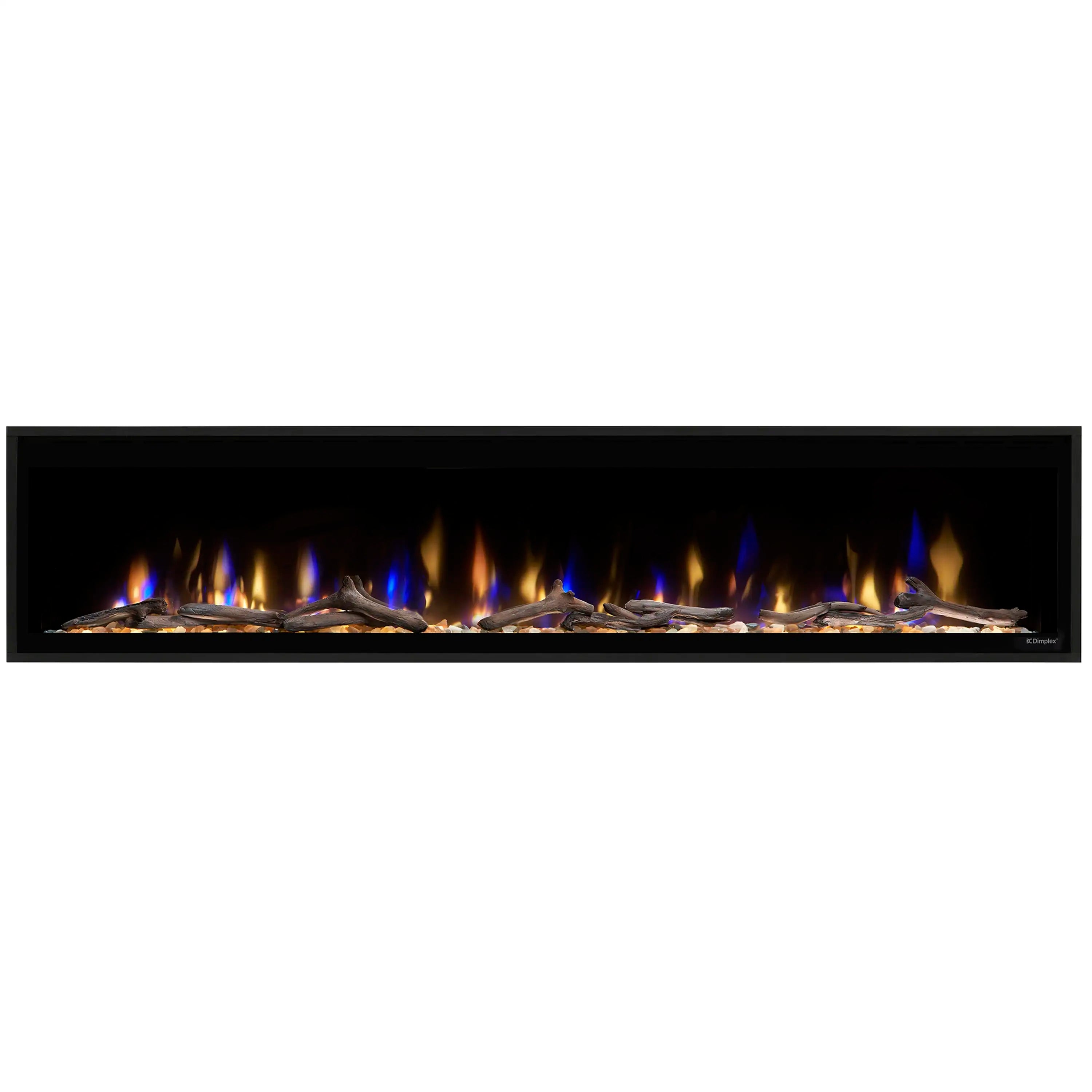 Built-in linear electric fireplace with black frame and flame effect behind glass