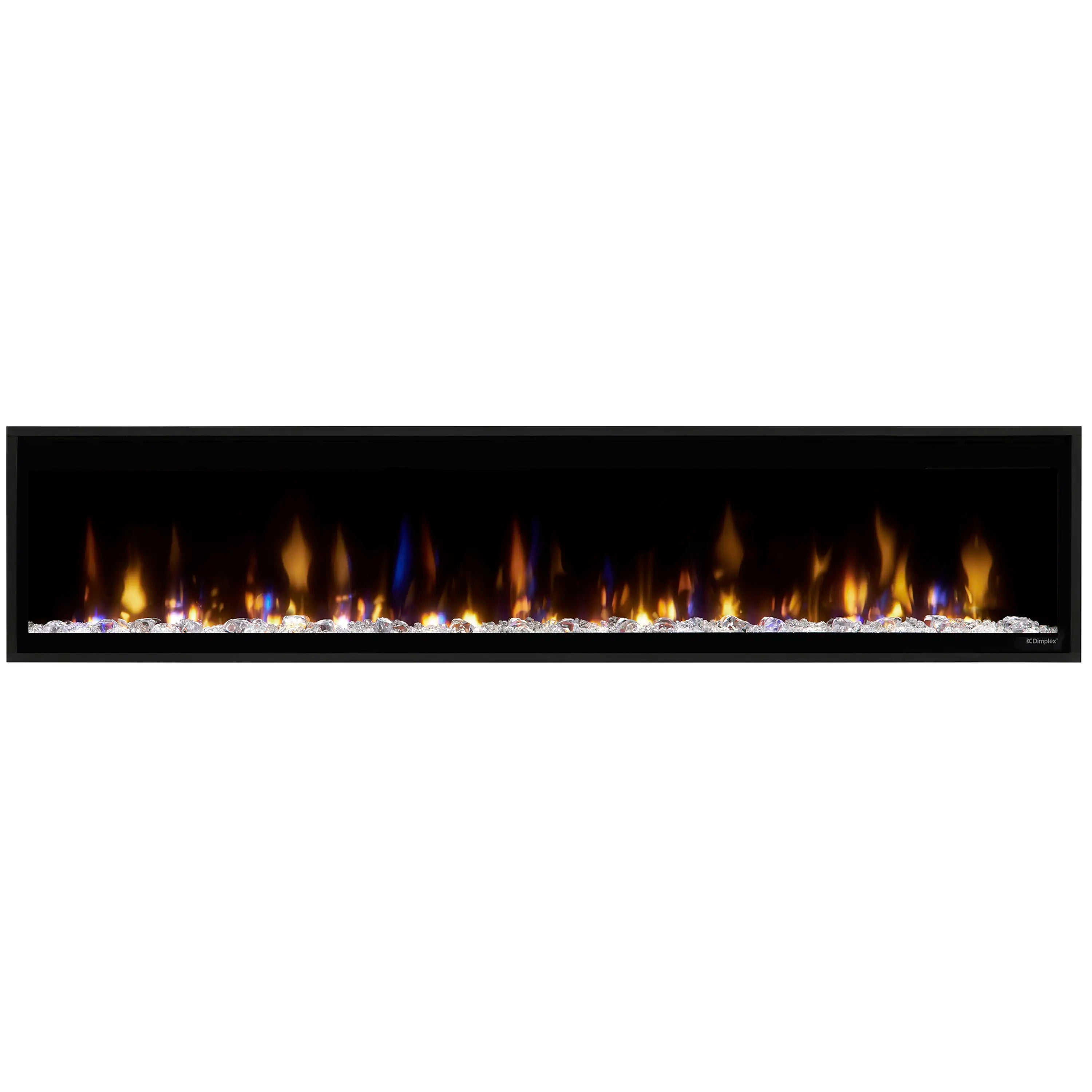 Built-in linear electric fireplace showing amber flames behind the glass front