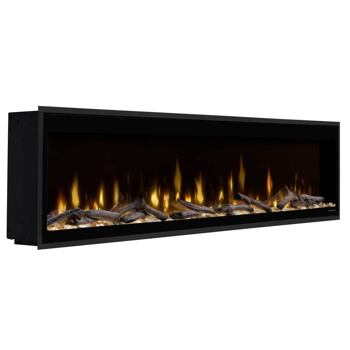 Built-in linear electric fireplace side view with flame window and black trim