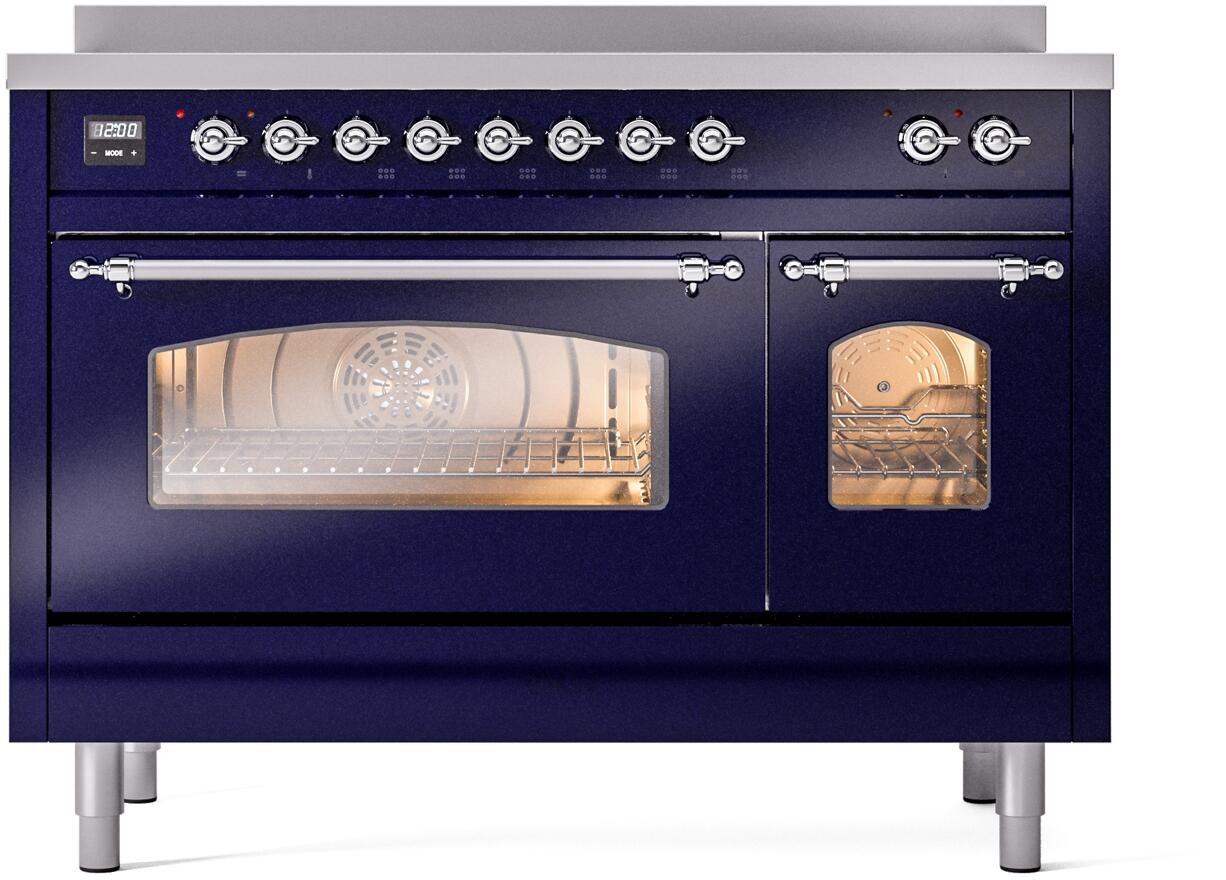 Midnight blue induction electric range with chrome knobs and oven door window