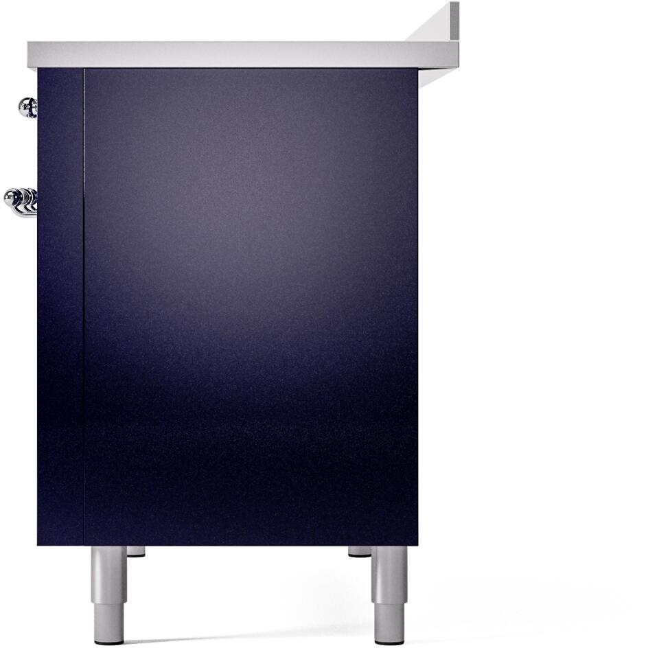 Midnight blue freestanding electric range side panel with rear hardware and feet
