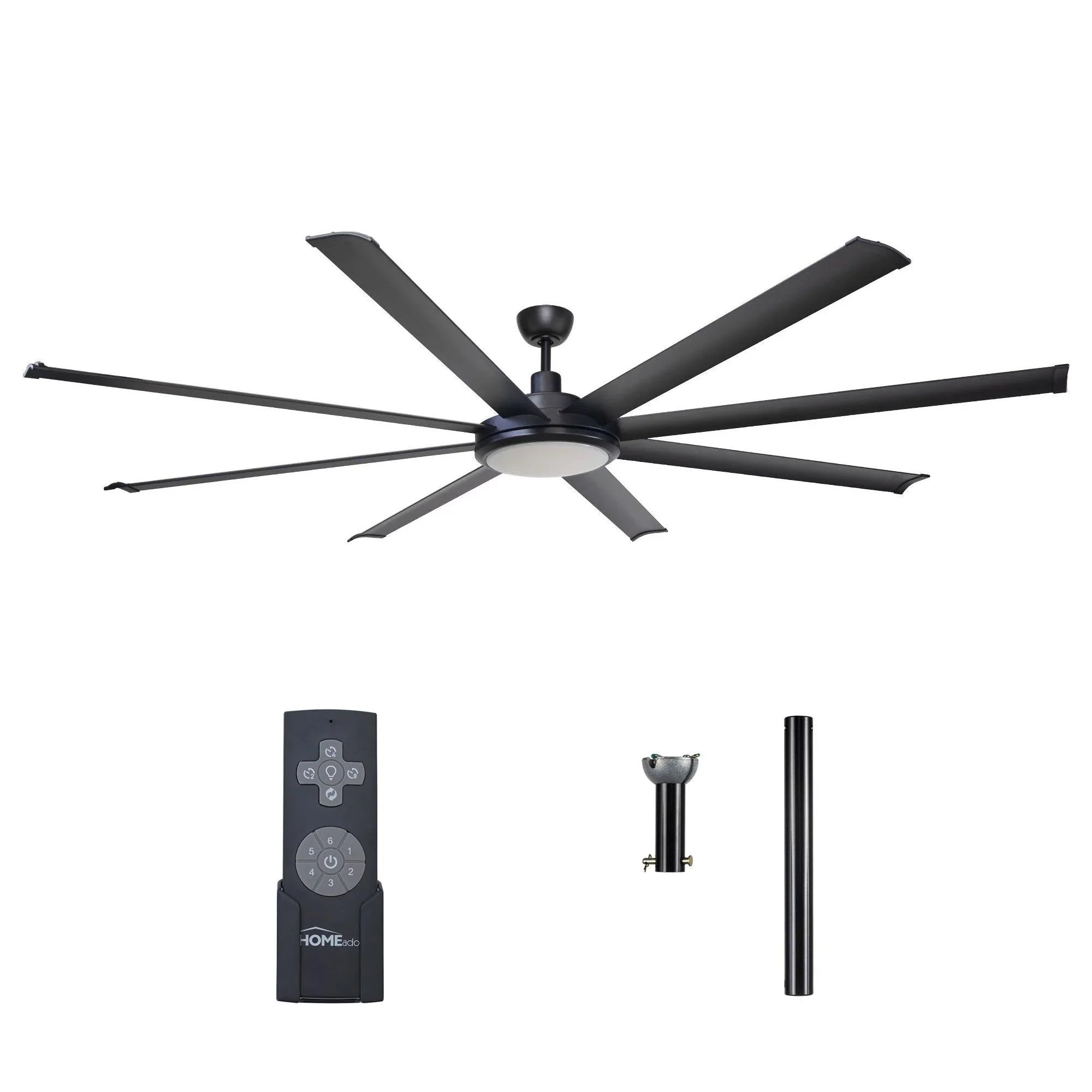 Black industrial ceiling fan with integrated light and reversible blades, downrod mount
