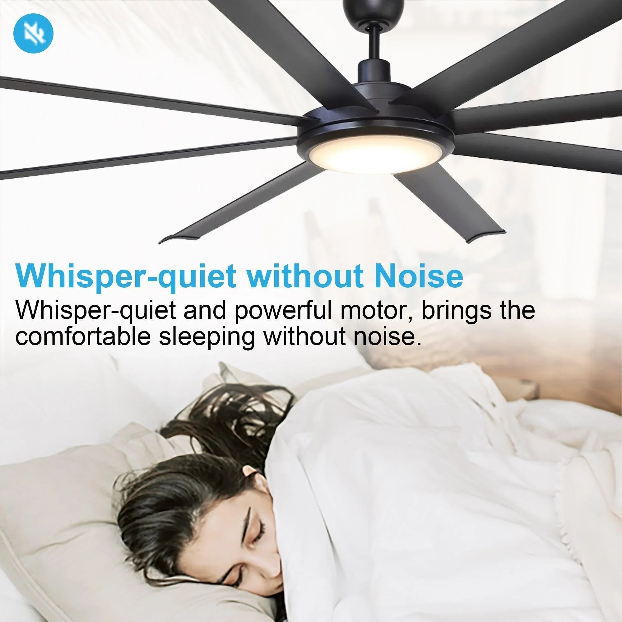 Black ceiling fan with integrated light above a bed scene