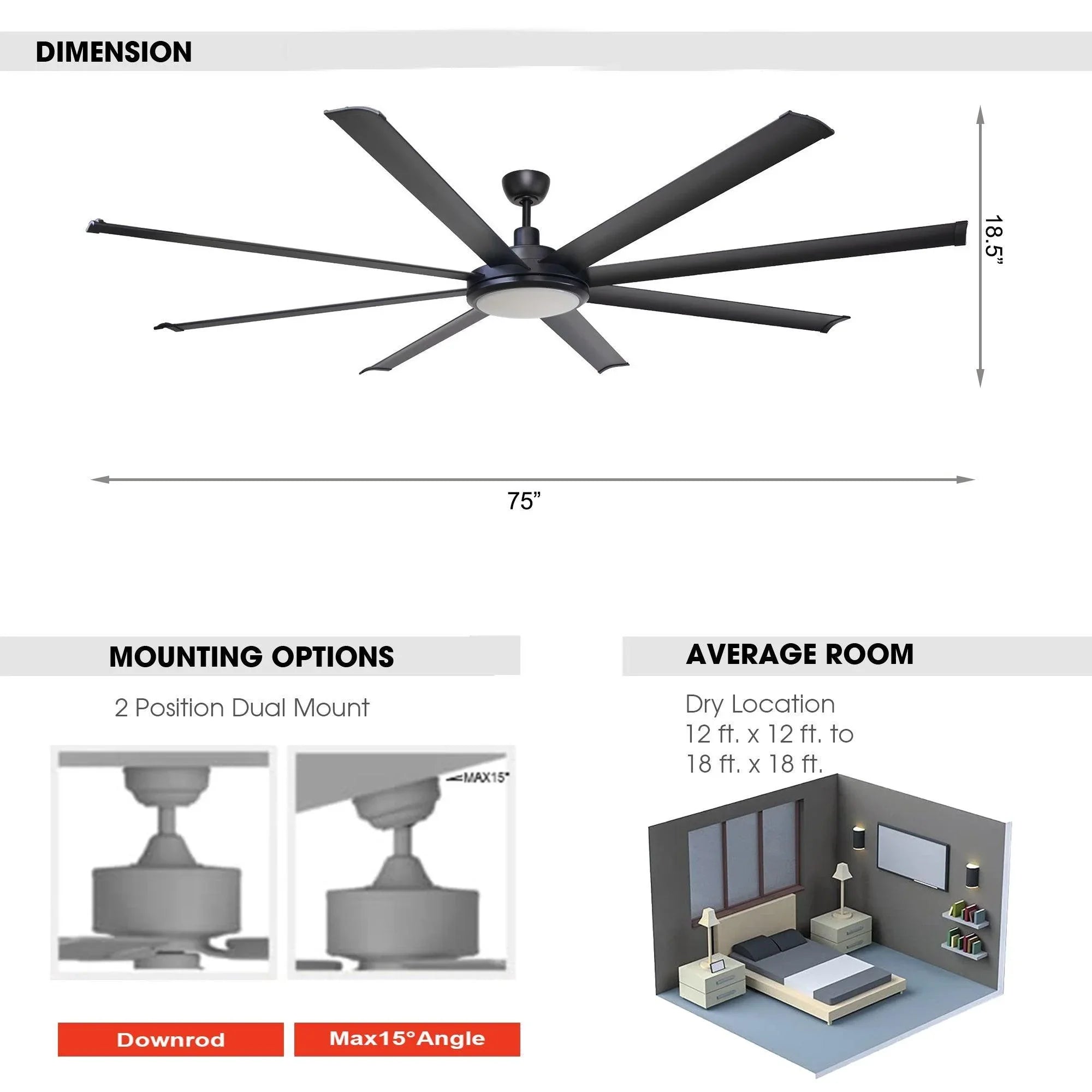 Black ceiling fan with dimensions and mounting options diagram on white background
