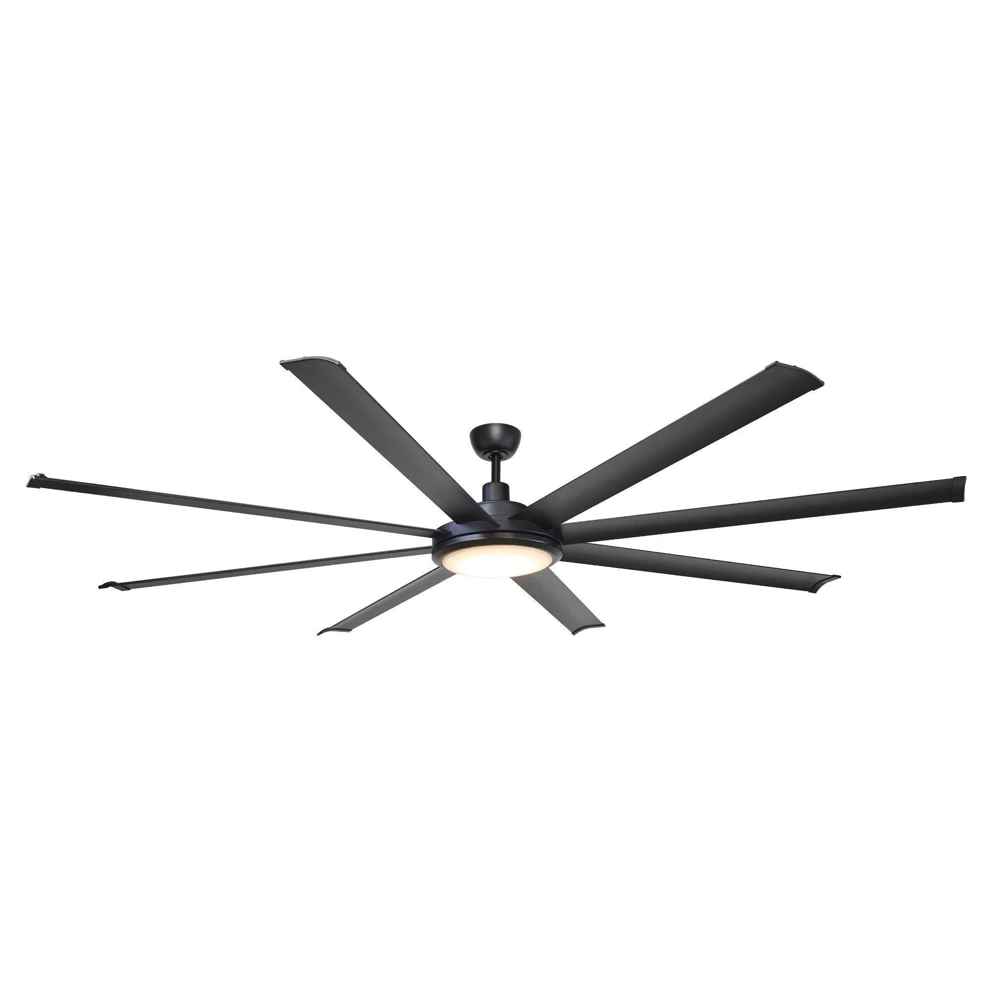 Black ceiling fan with integrated light and five blades against a plain ceiling