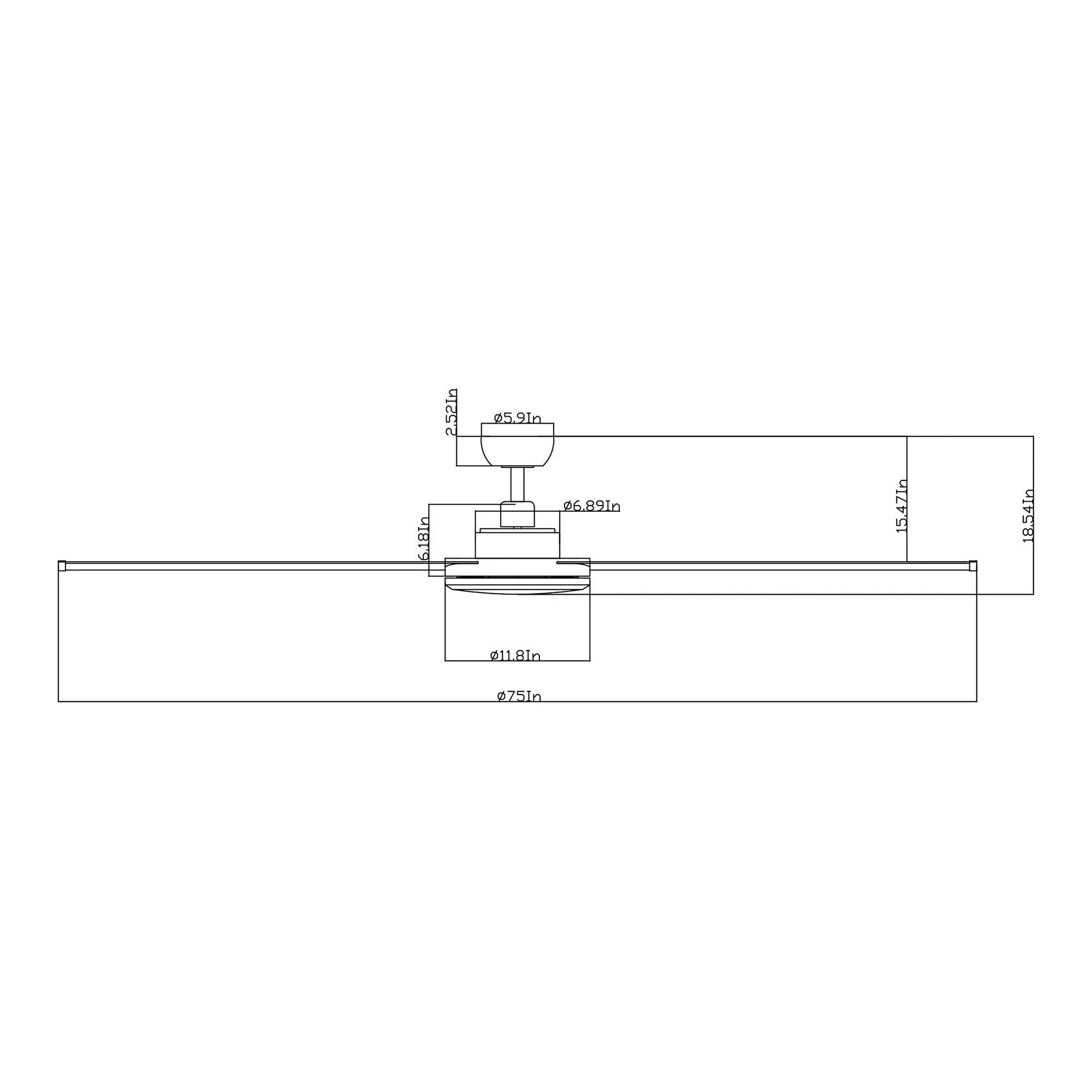 Ceiling fan mounting diagram with downrod and blade span dimensions, reversible design