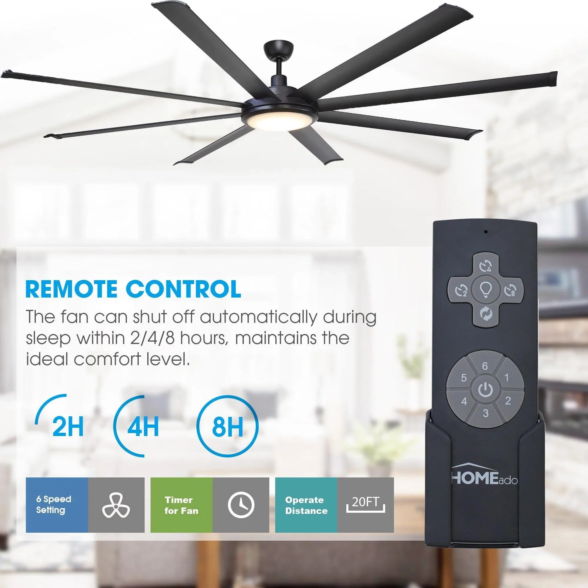 Black ceiling fan with integrated light and handheld remote control