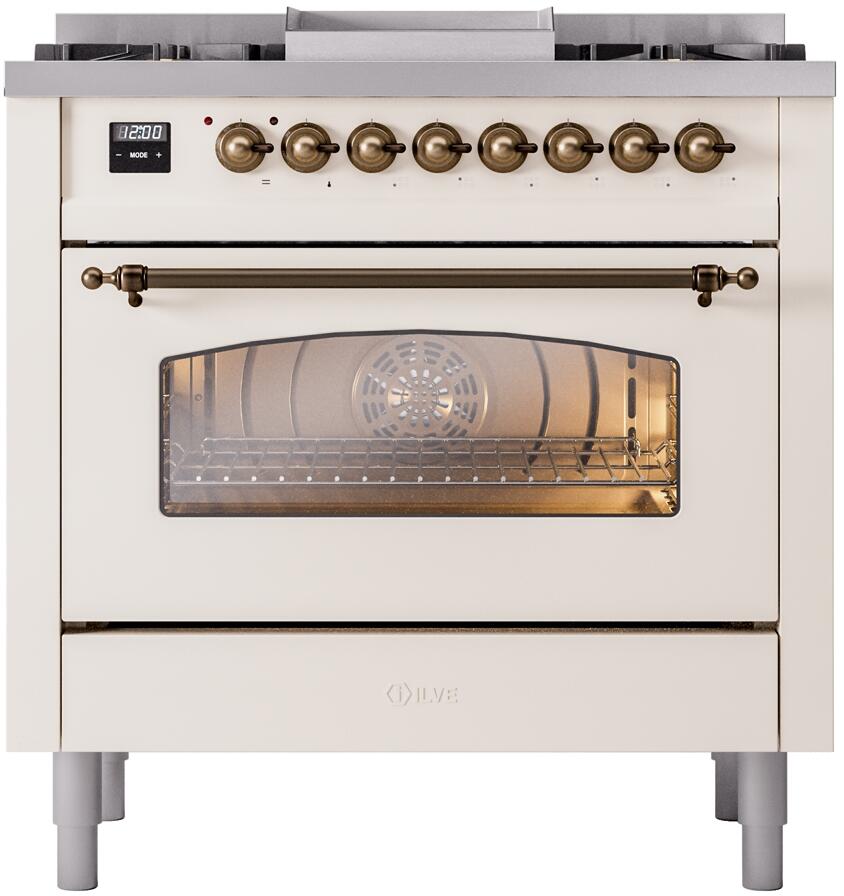 Antique white dual fuel range with bronze control knobs, long handle, and glass oven window