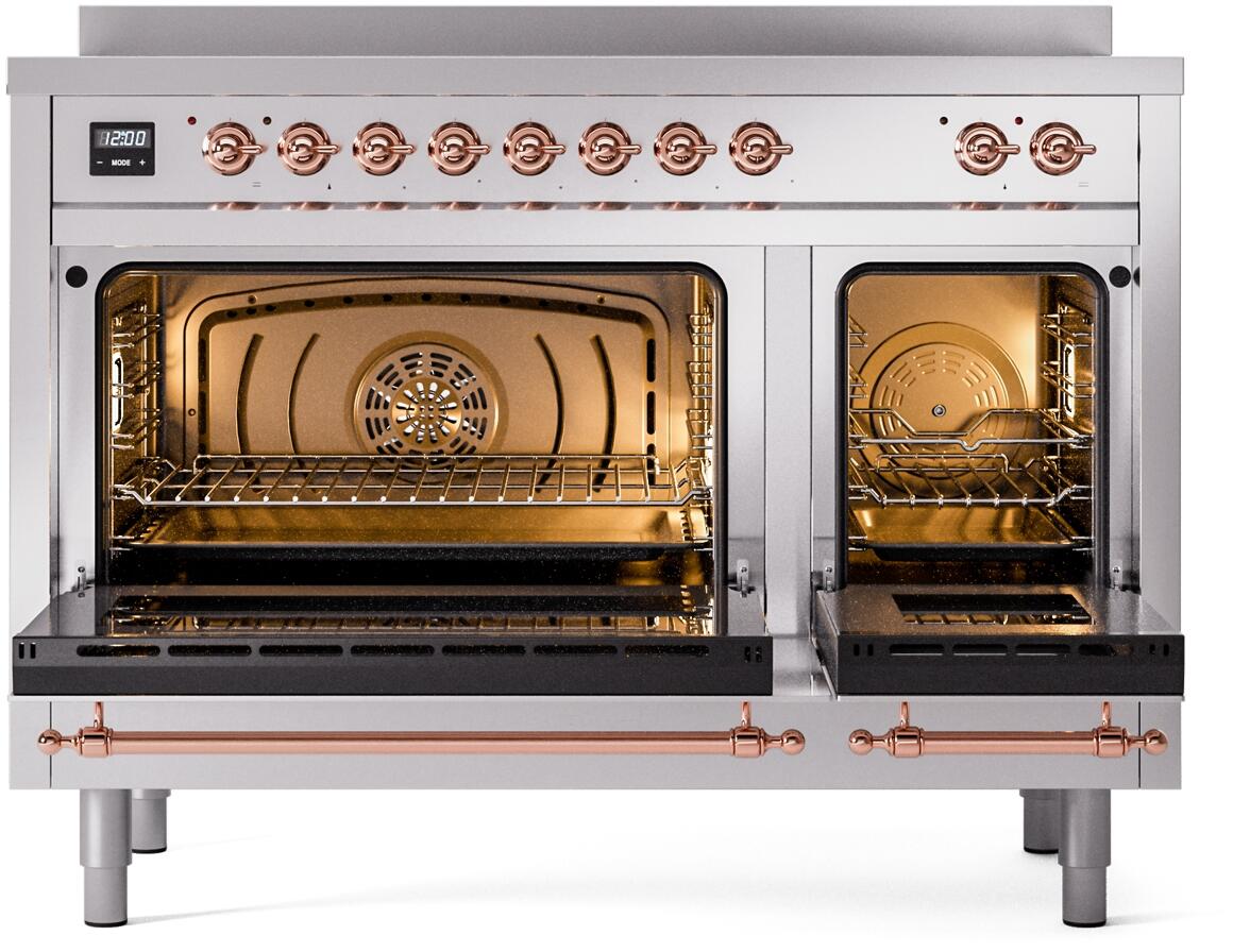 Induction range with two oven compartments, lit stainless interiors, and copper-trim handles