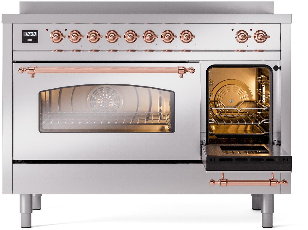 Stainless induction range with glass oven door, side oven window, and copper trim