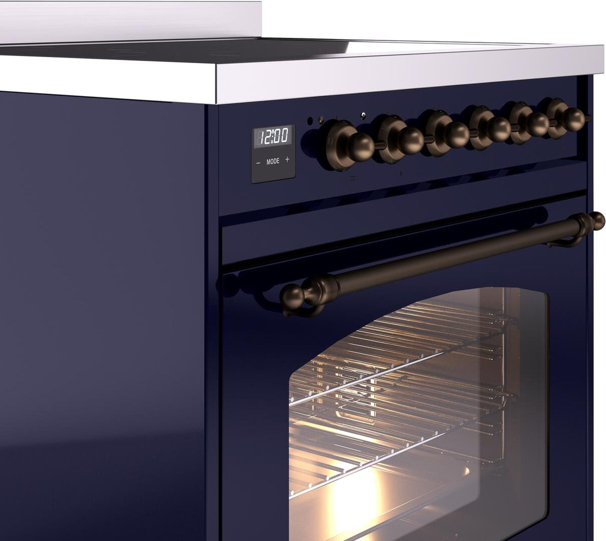 Induction range control panel with bronze knob row and stainless cooktop trim