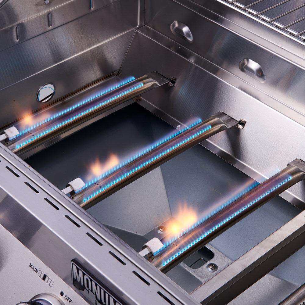 Stainless steel propane gas grill with glowing infrared burner tubes
