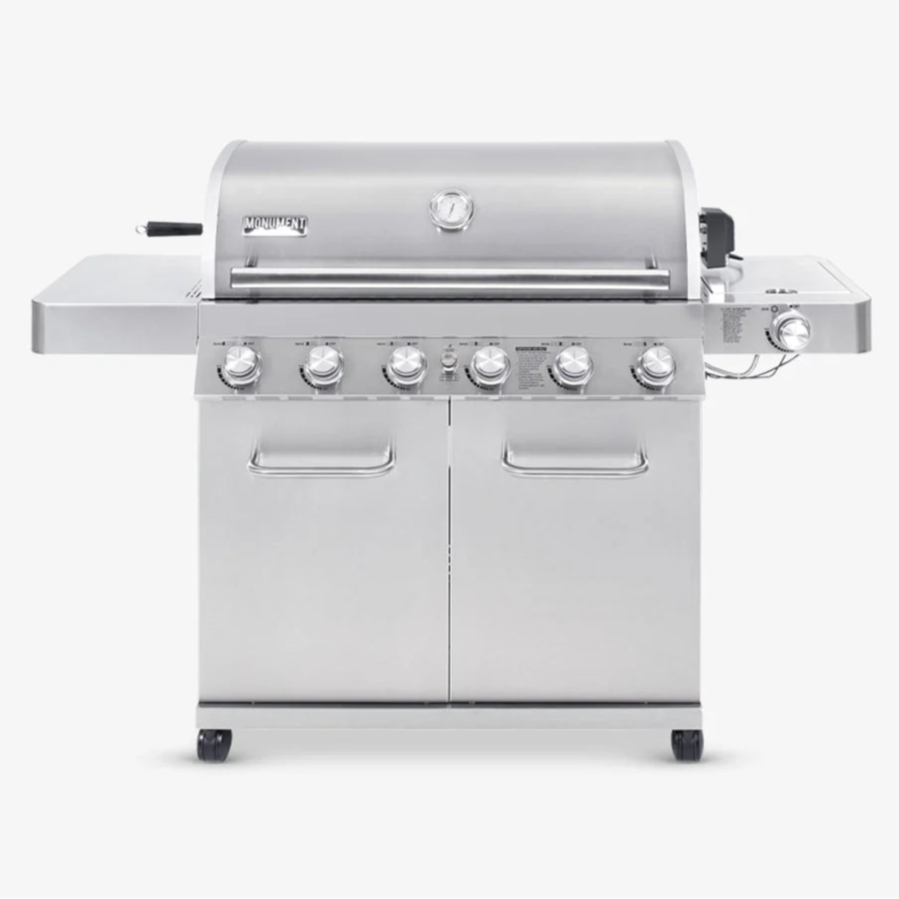 Stainless steel propane gas grill with control knobs and two front doors, front view