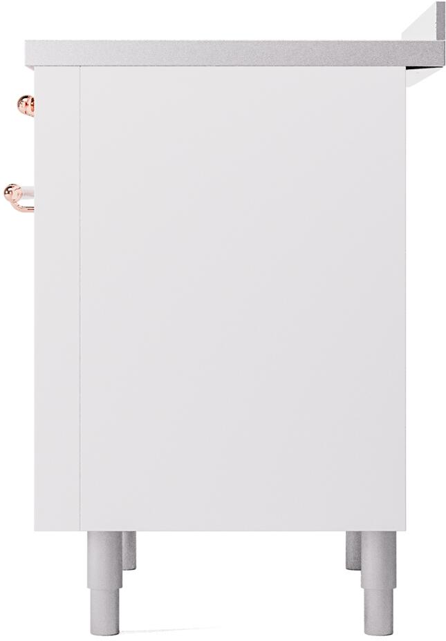 White side panel of freestanding induction range with rear view legs and copper knob edge.