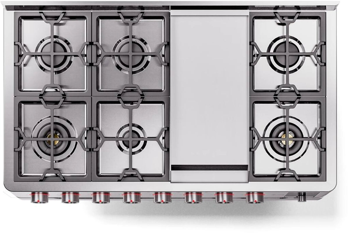 Stainless steel dual fuel range cooktop with four gas burners and metal grates