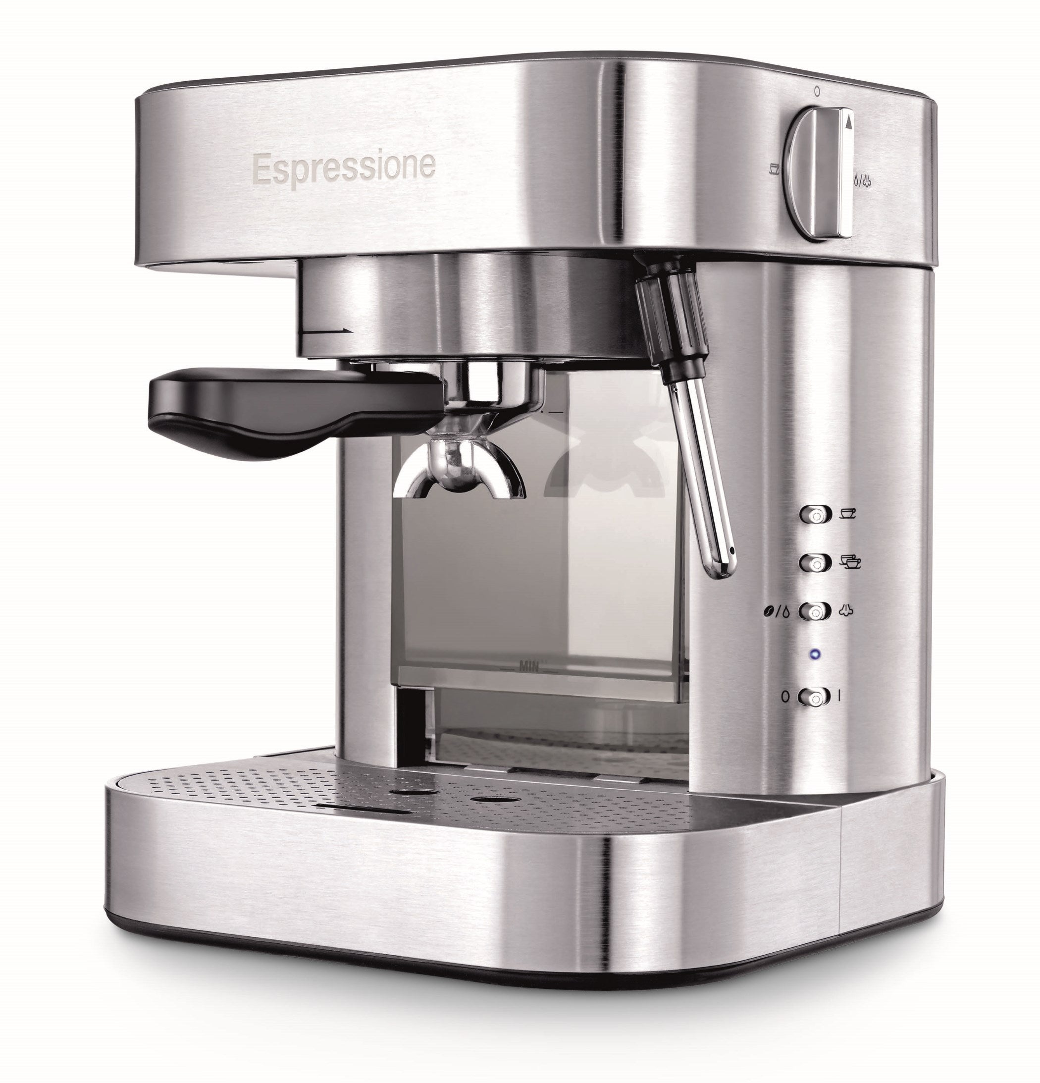 Espressione stainless steel automatic pump espresso machine front view with controls