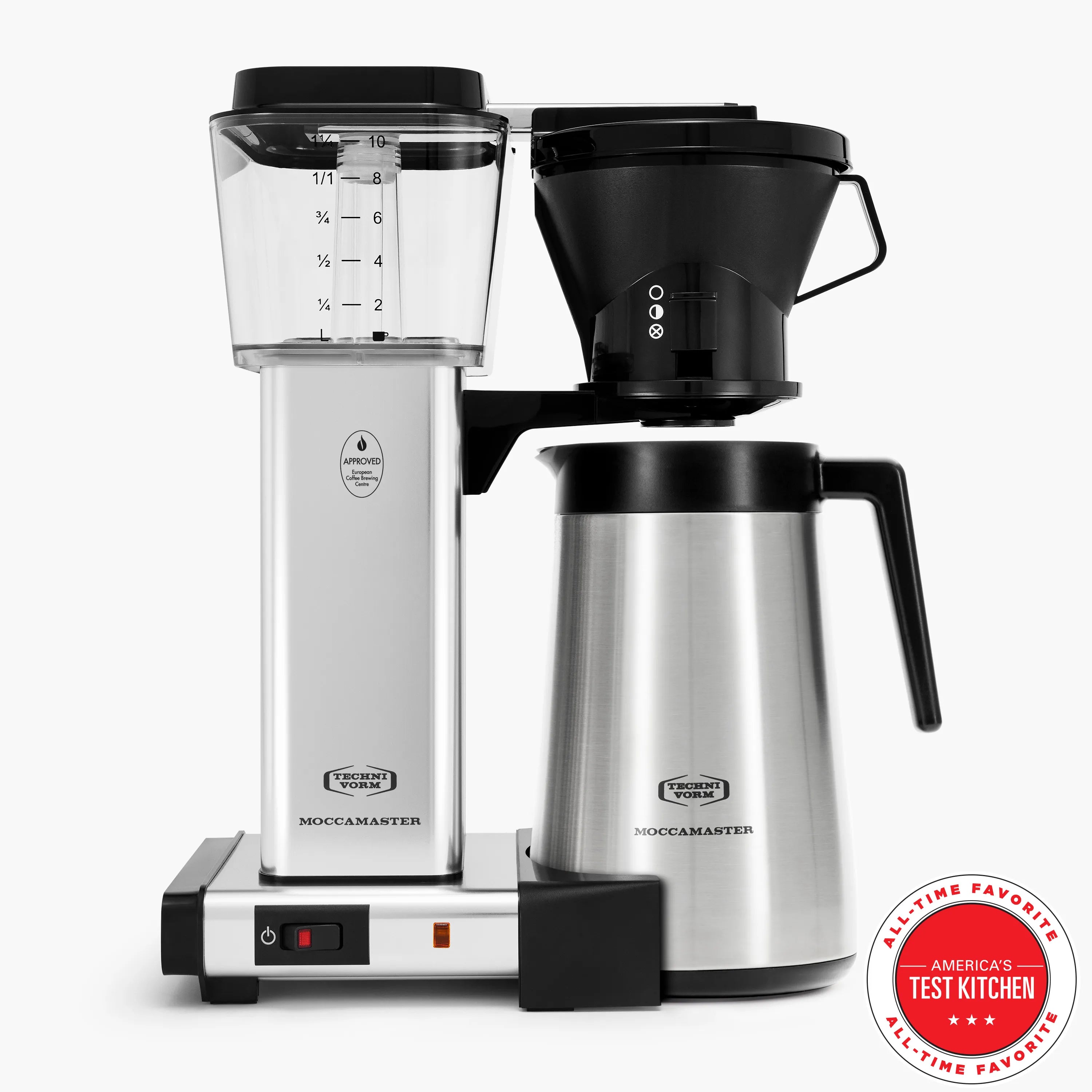 Thermal carafe coffee maker with silver body, black funnel, and stainless carafe handle