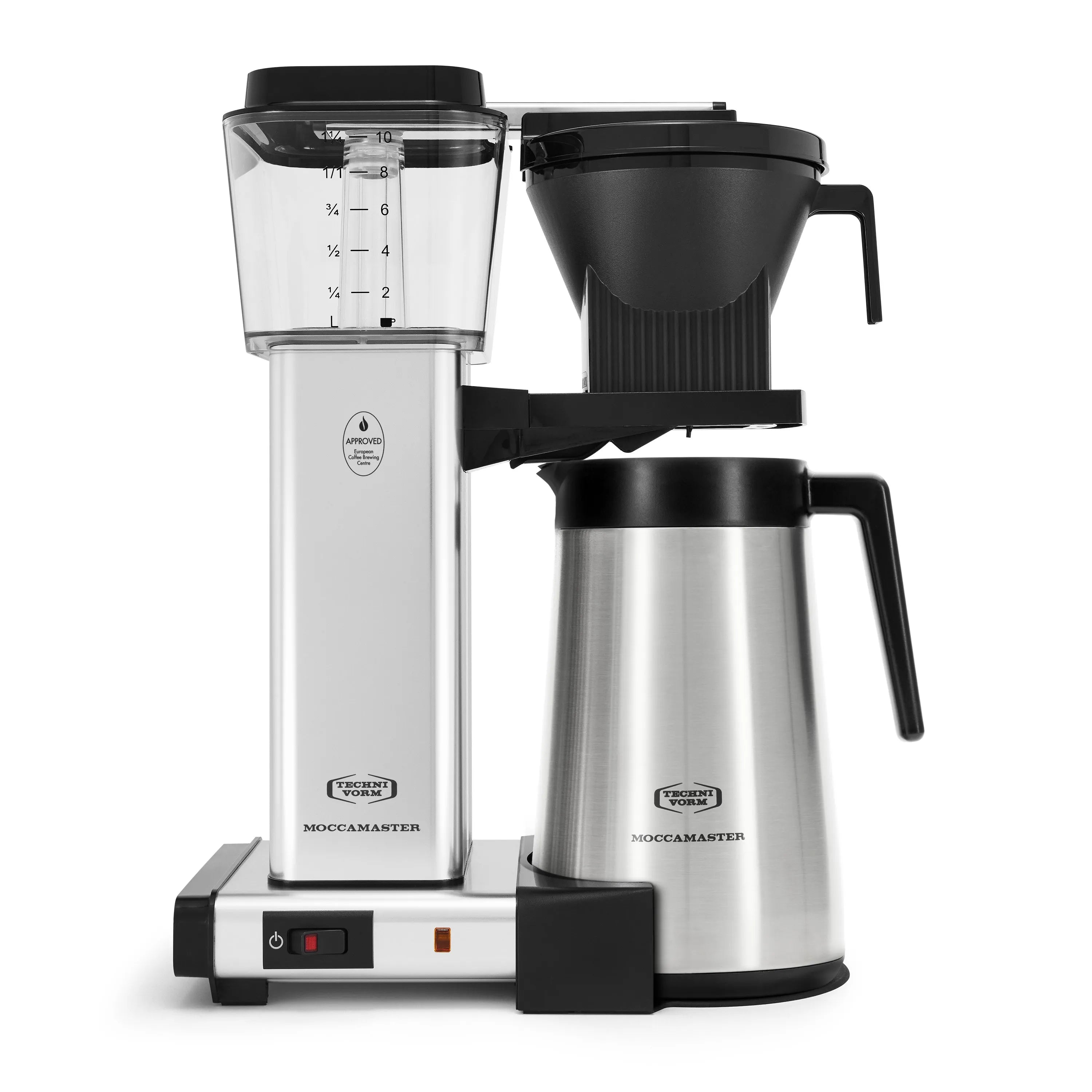Moccamaster coffee maker with clear water reservoir, black filter holder, silver thermal carafe