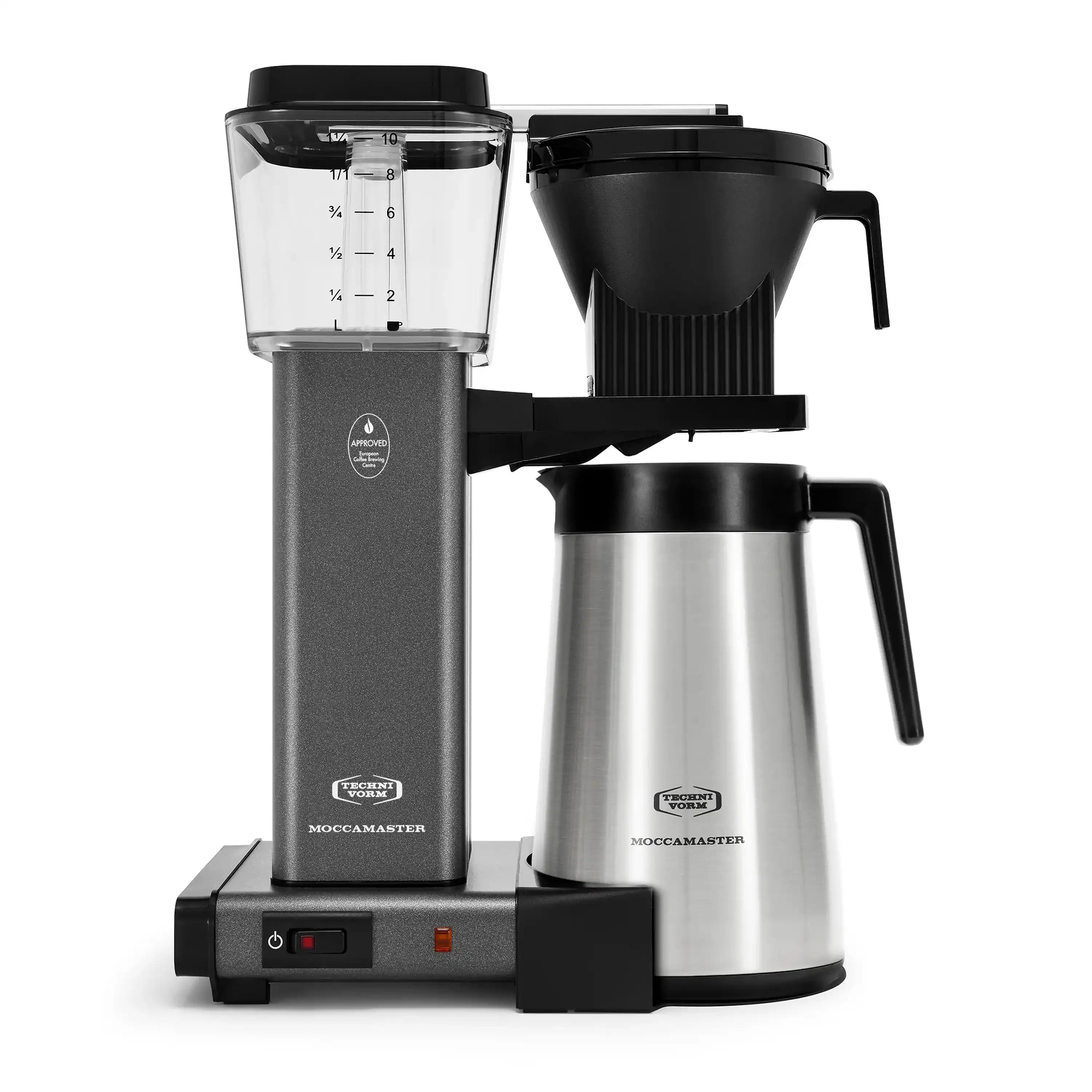 Stone grey coffee maker with clear water container, black filter, stainless thermal carafe