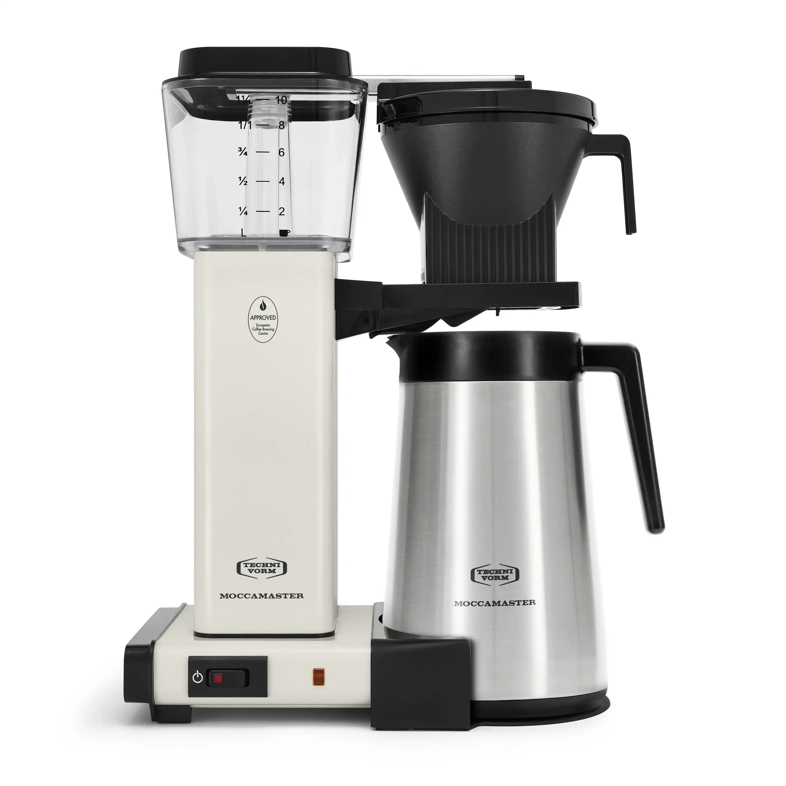 Moccamaster coffee maker with black brew funnel, off-white base, and stainless carafe