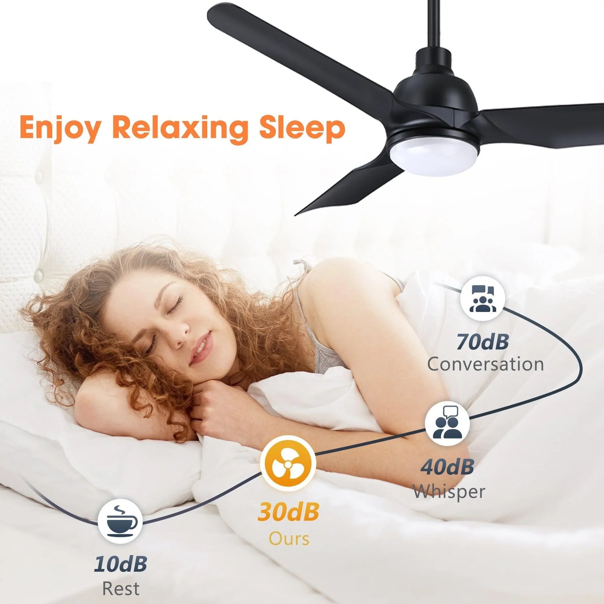 Black ceiling fan with integrated LED light, three blades, and downrod mount
