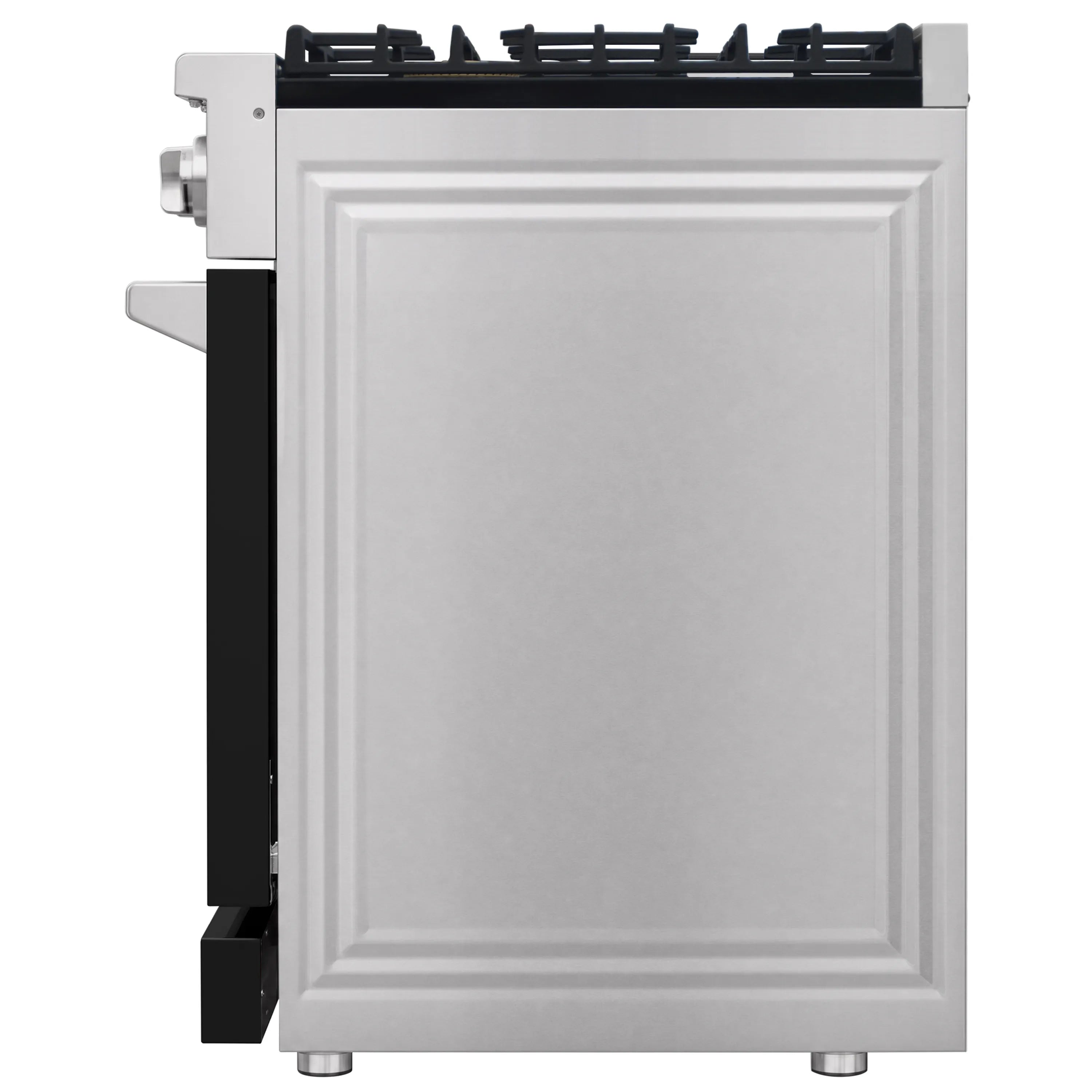 Tilted oven door panel with raised front trim and black side handle