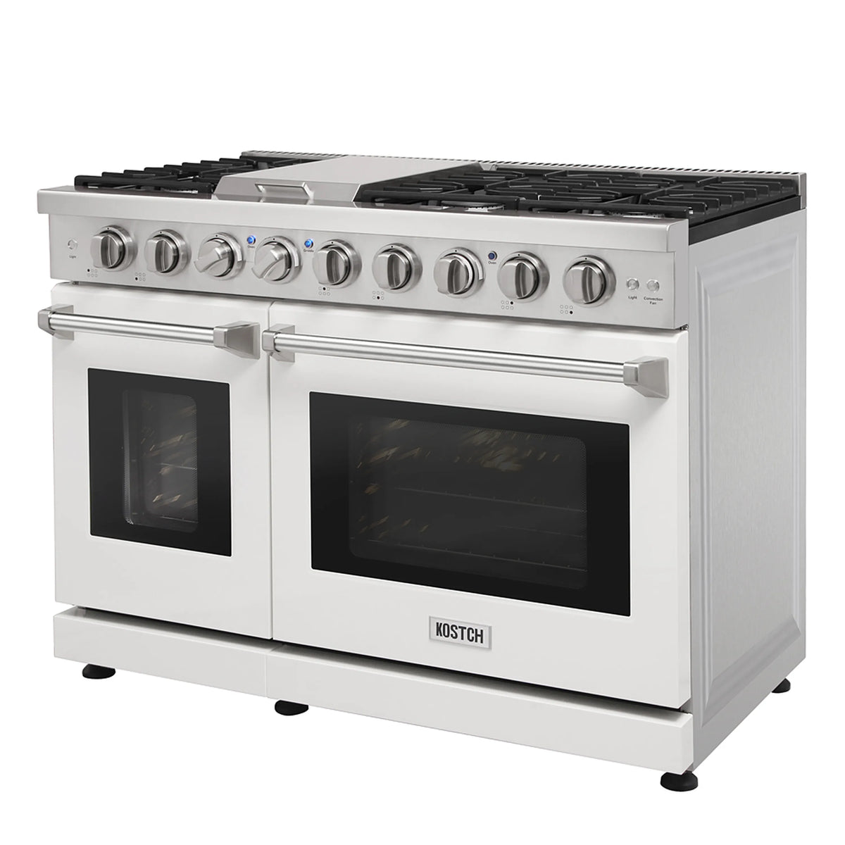 White gas range with six burner grates, two oven windows and front control knobs