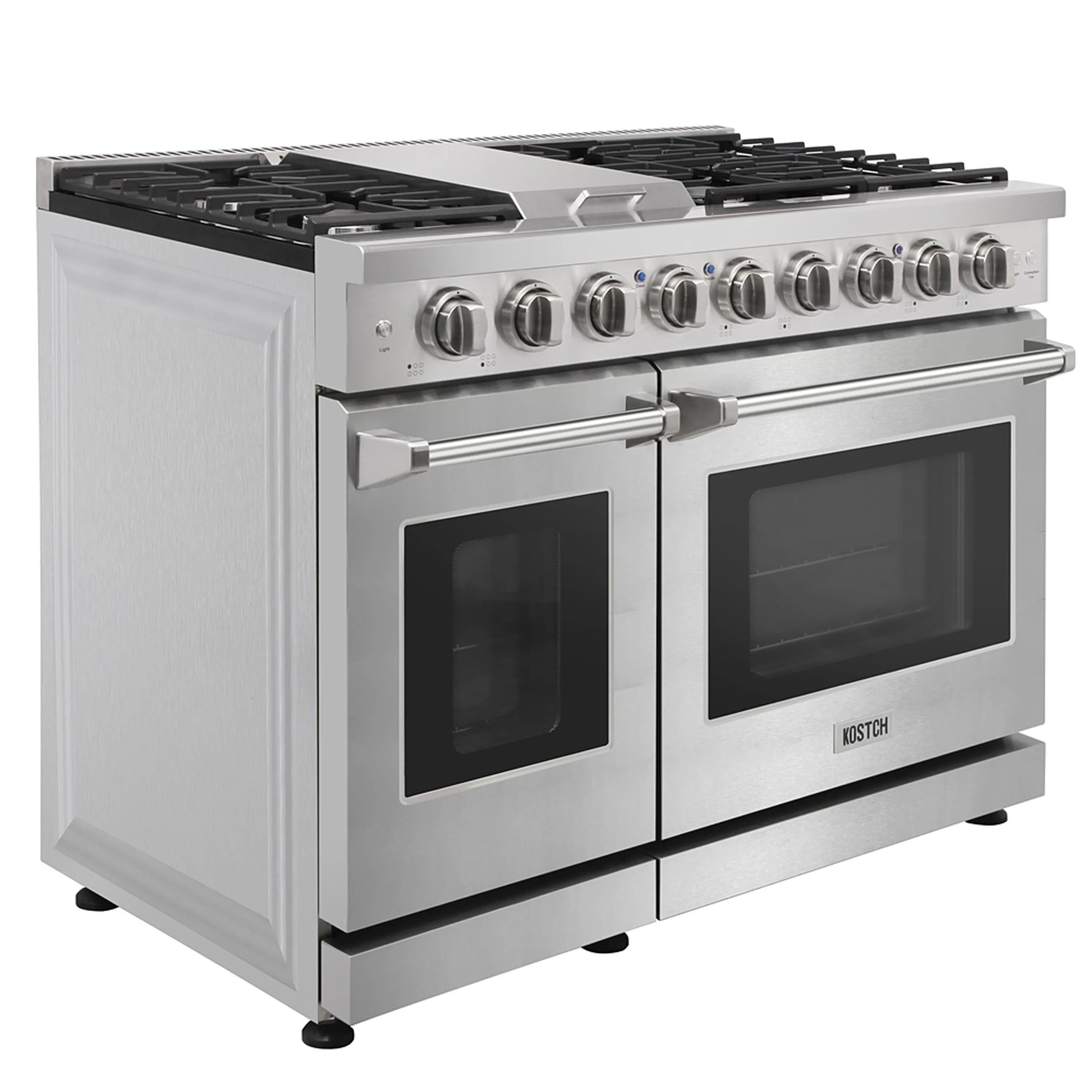 Stainless steel gas range with six black burner grates and oven door fronts