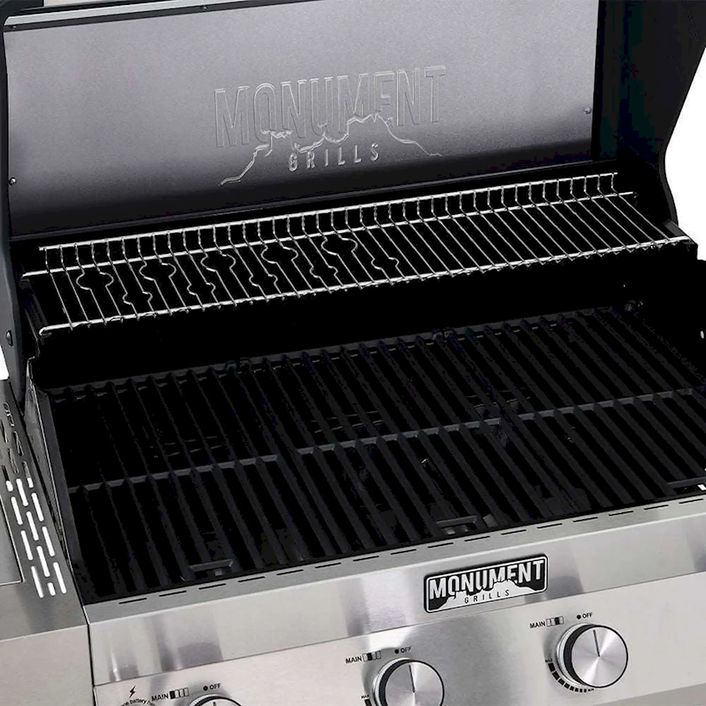 Stainless steel propane gas grill with open lid and black cooking grates