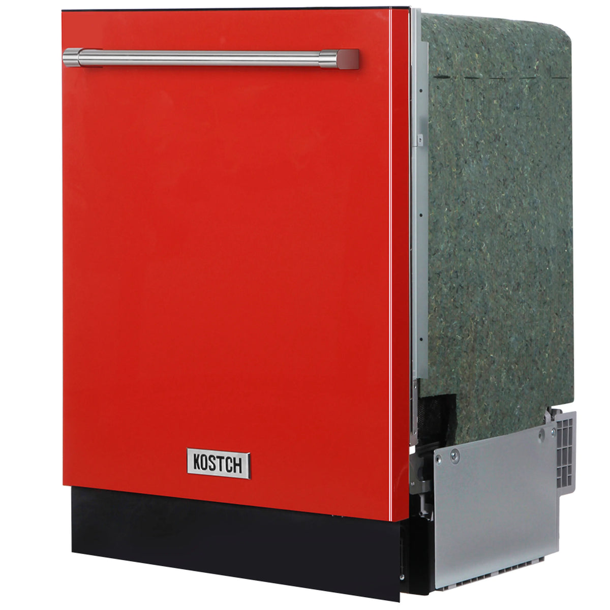 Open side view of red dishwasher with stainless inner door and green insulation