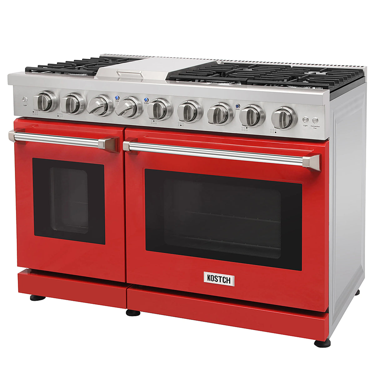 Red gas range front with black oven windows, control knobs, and six burner grates